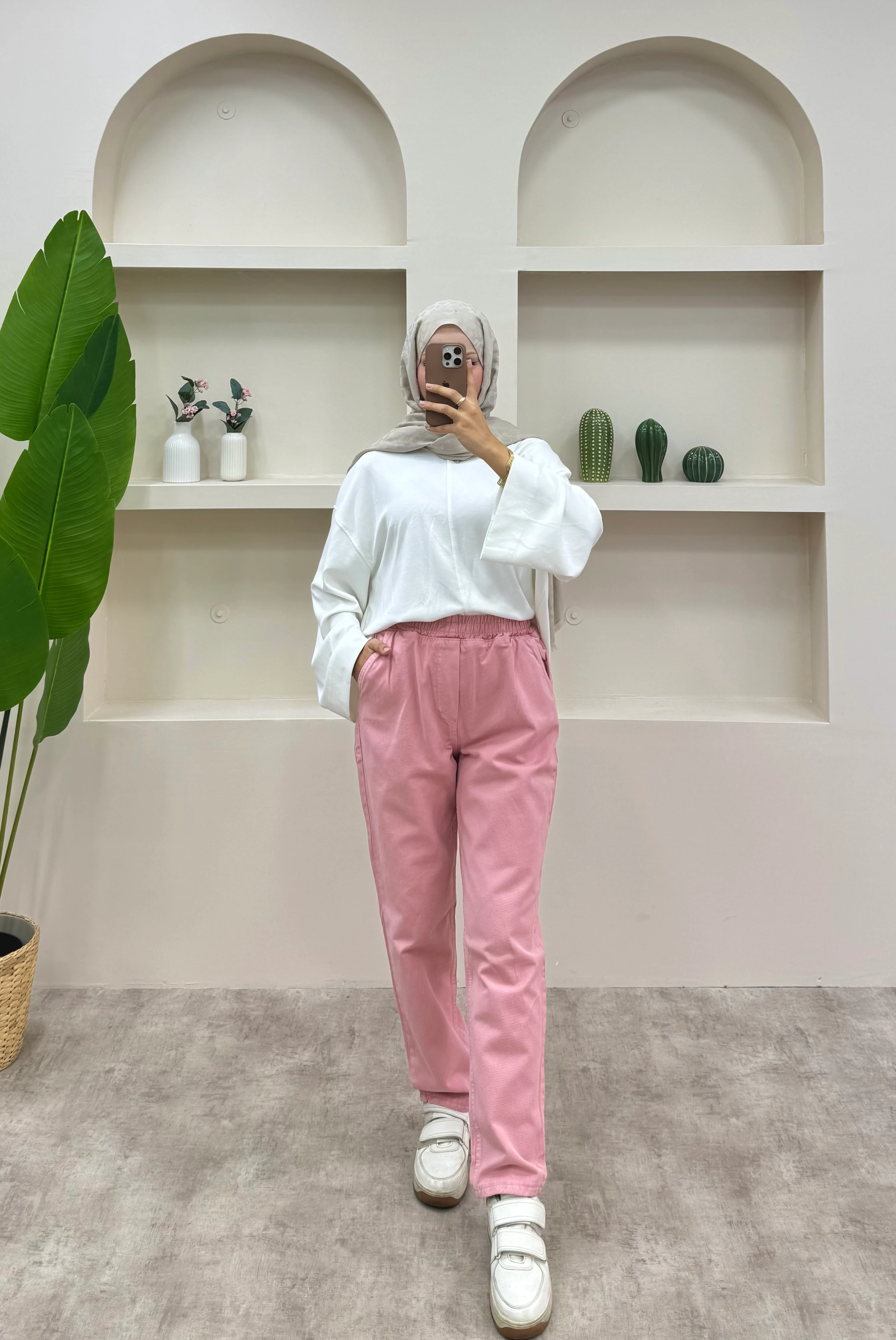 Beli Lastikli Geniş Kesim Mom Jeans  - Pembe