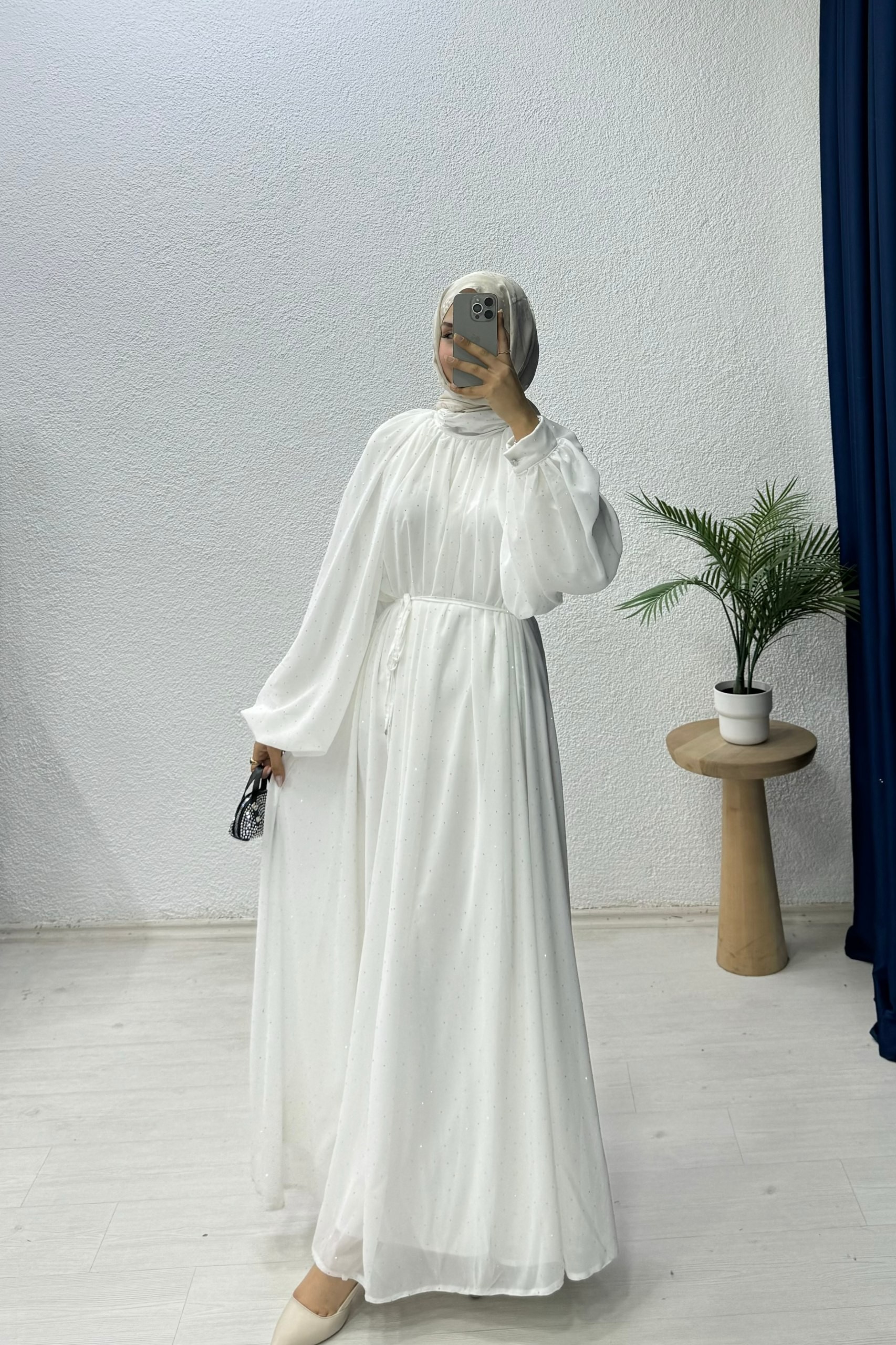 Yarasa Kol Detaylı Elbise  - BEYAZ