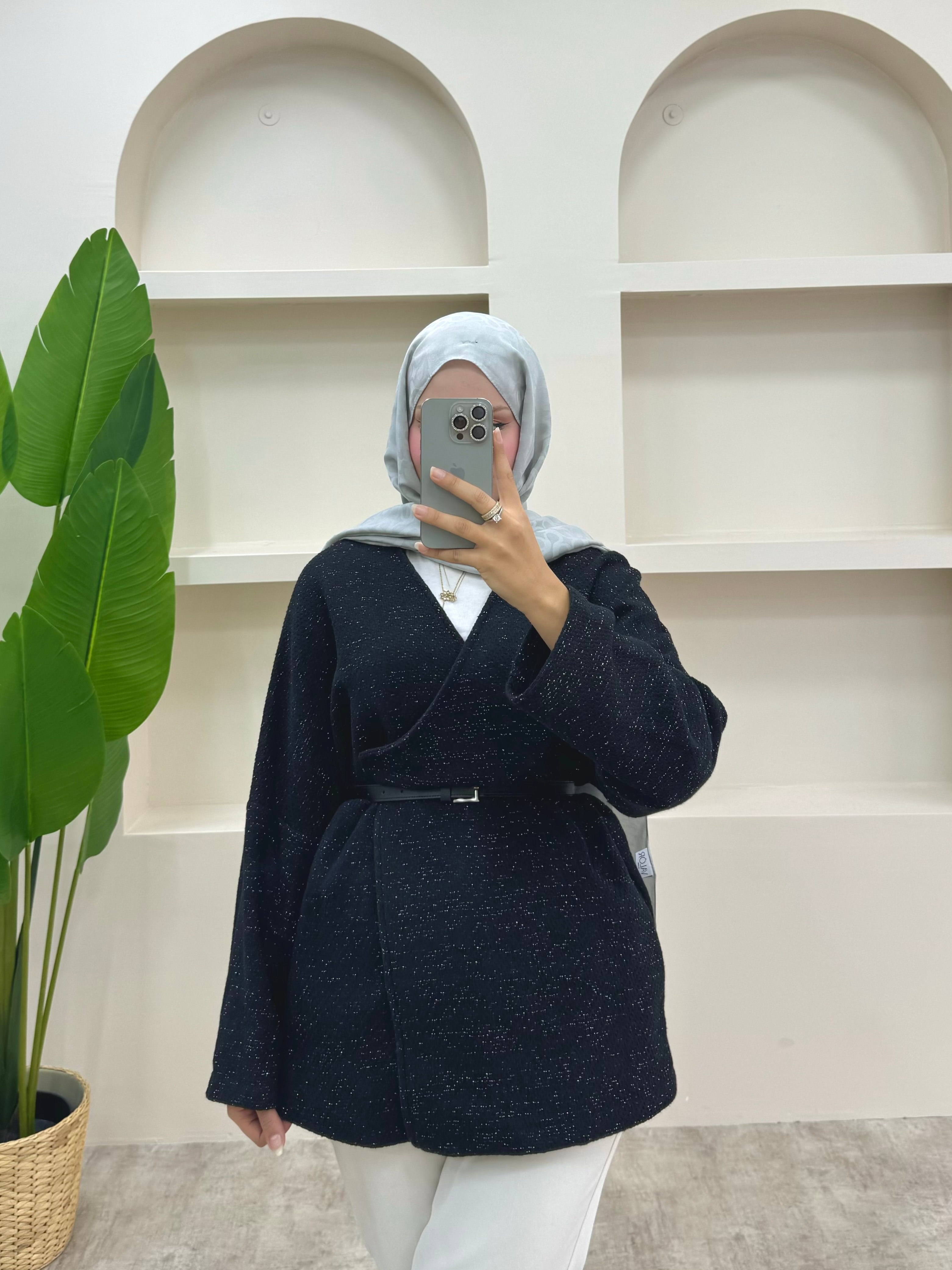 Simli Kemerli Ceket - Siyah