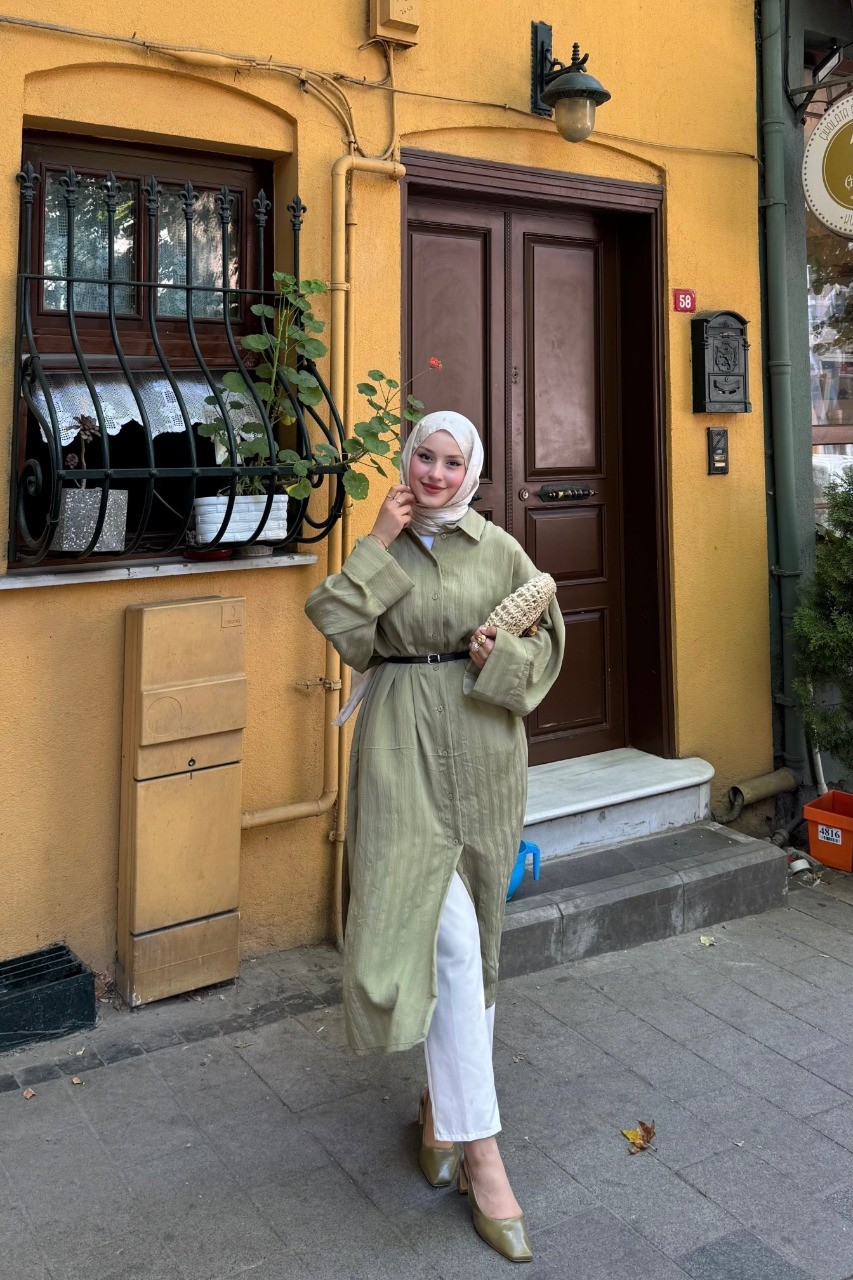Pamuklu Keten Uzun Gömlek  - Yeşil