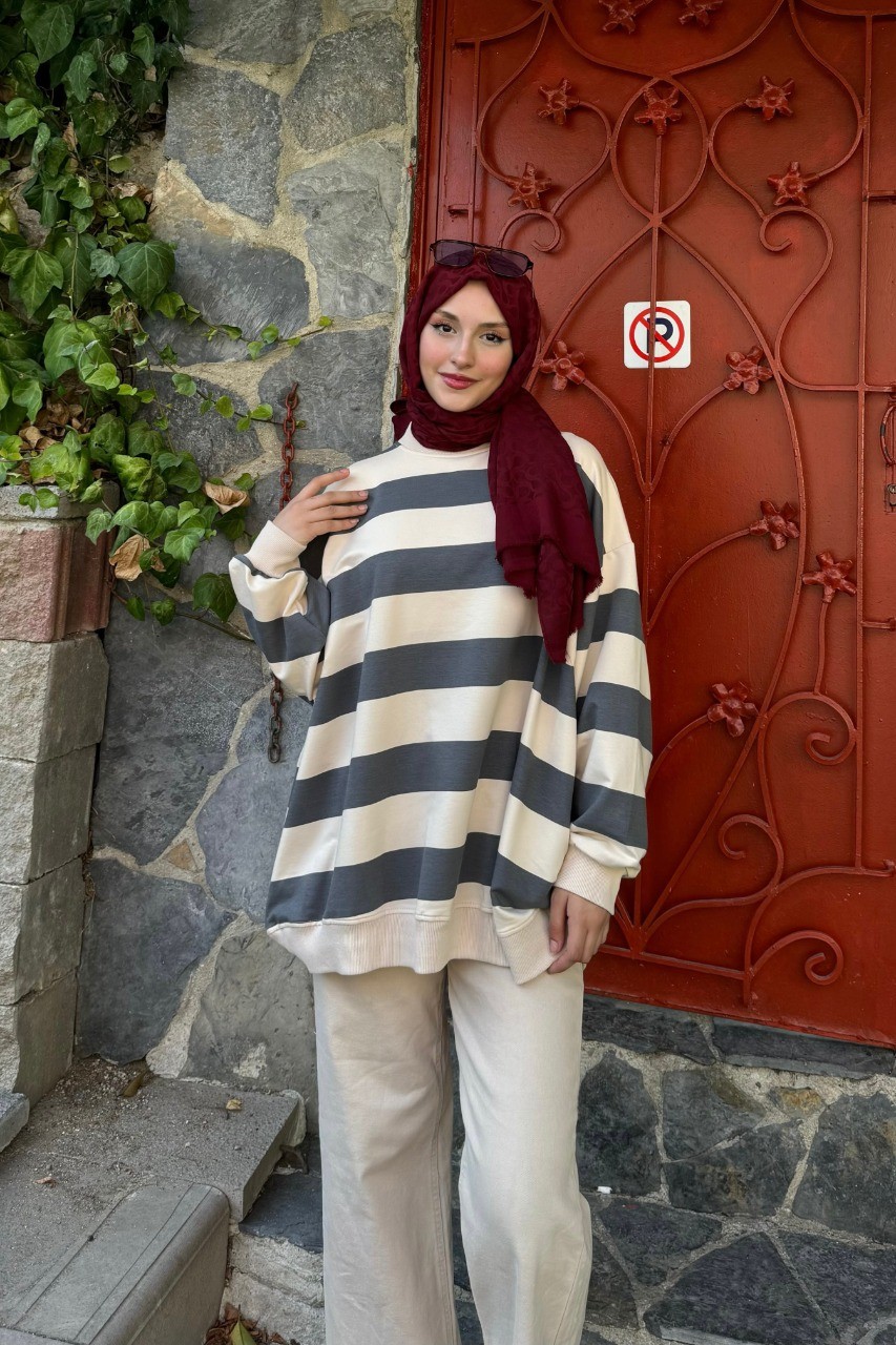 Çizgili Basic İki İplik Sweat 
