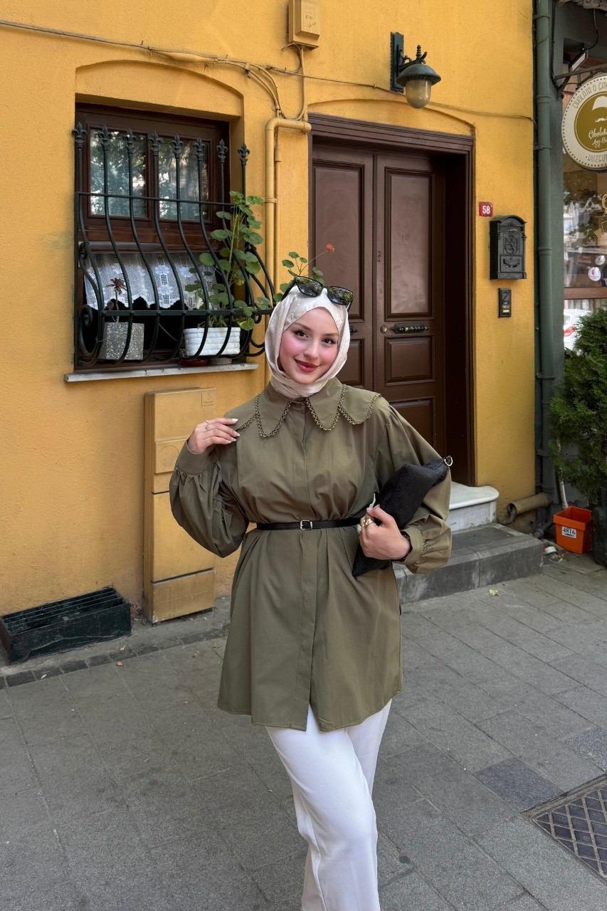 Dantel Detaylı Kemerli Gömlek  - Yeşil