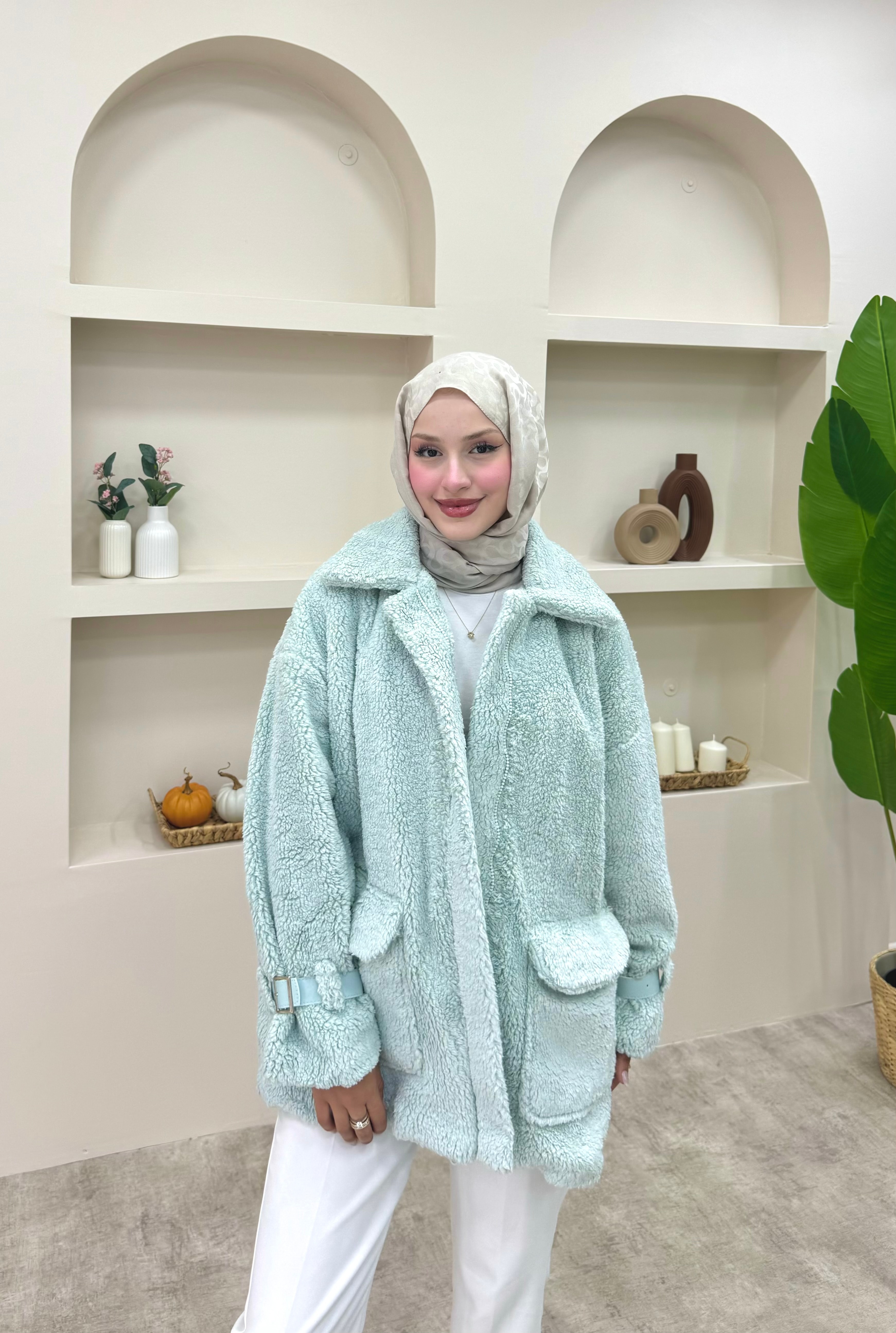 Önü Fermuarlı Peluş Mont  - Yeşil