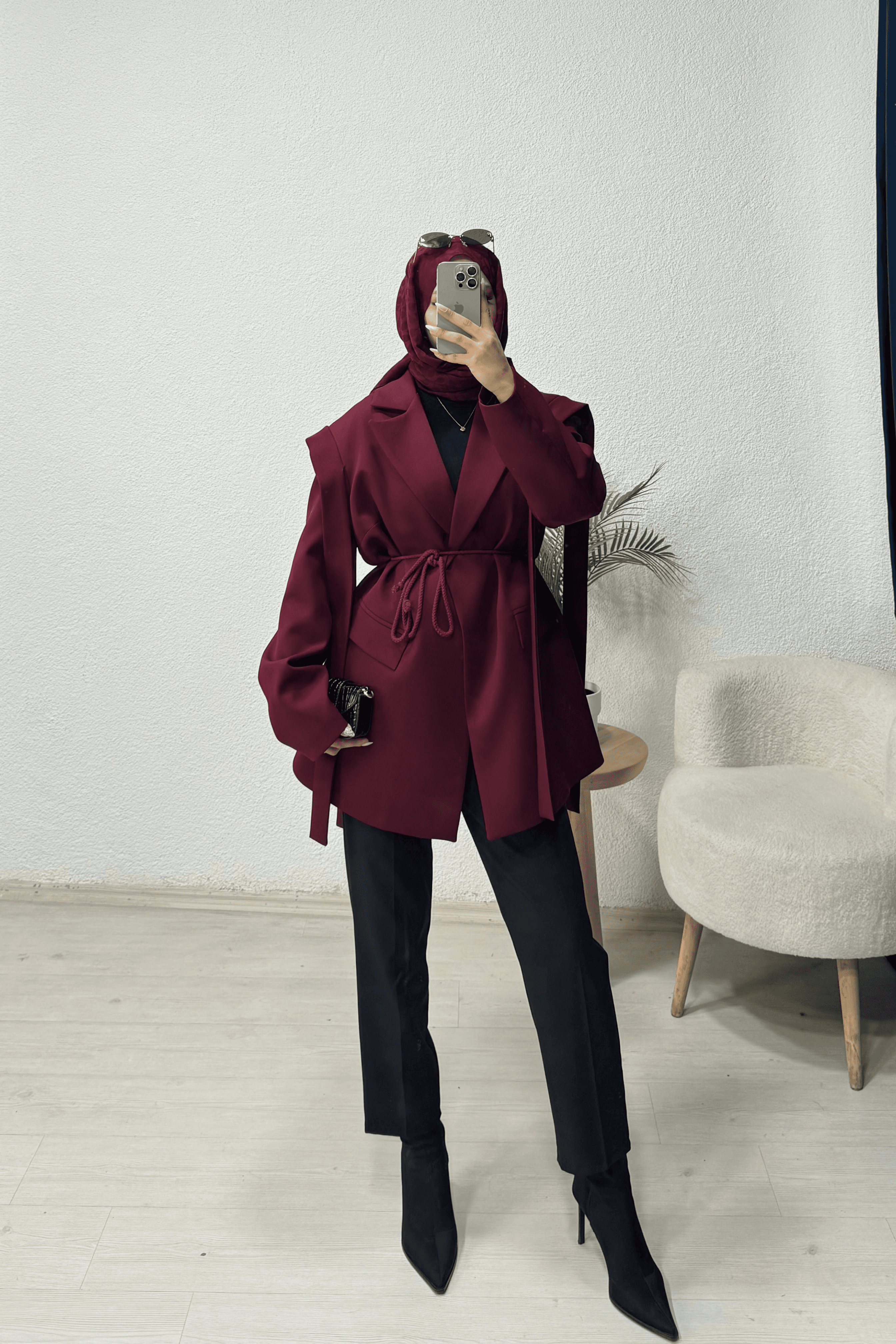 Omuz Kuşaklı Blazer Ceket - Bordo