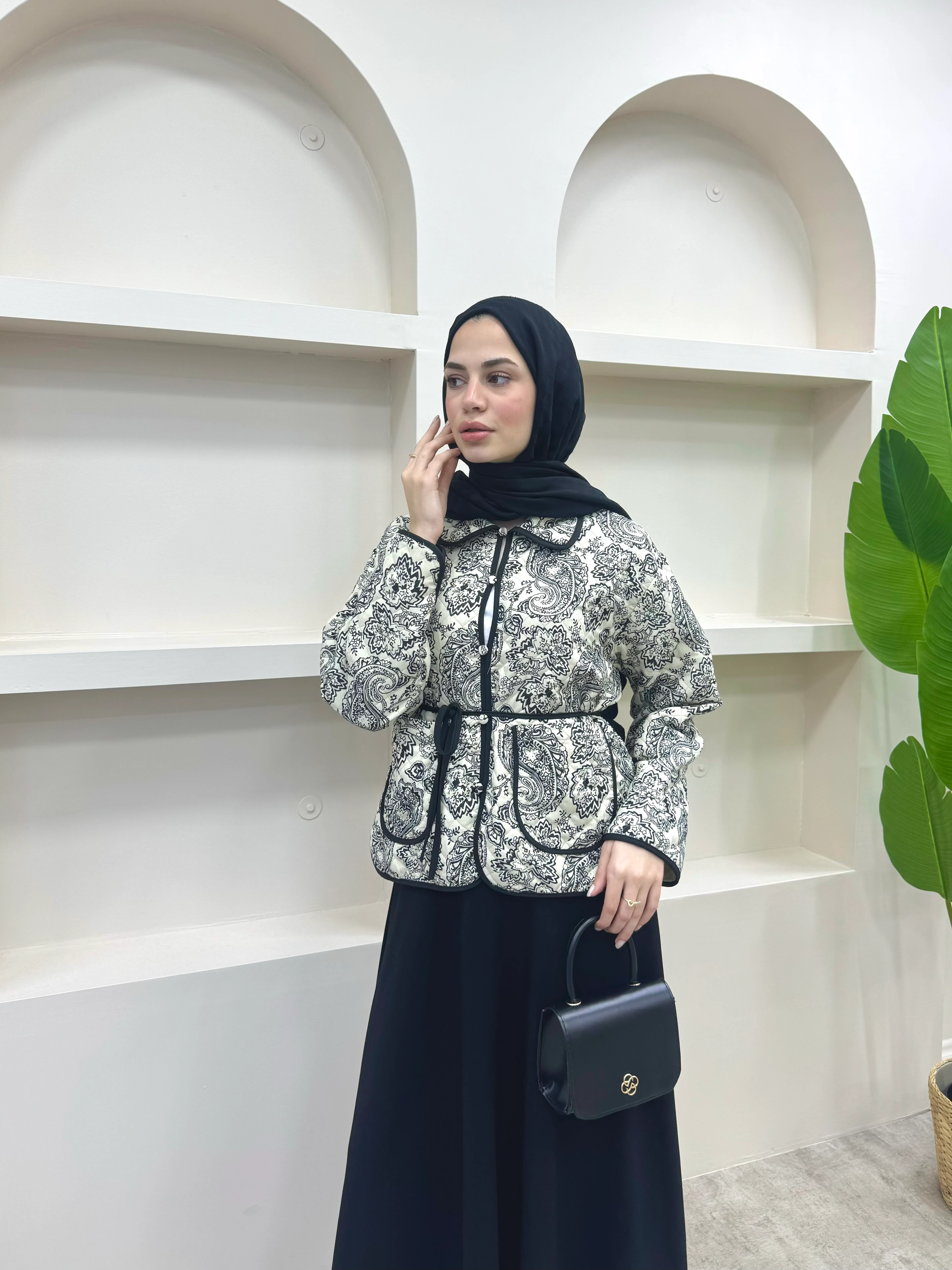 Bağlamalı Etnik Desen Kısa Ceket  - Siyah