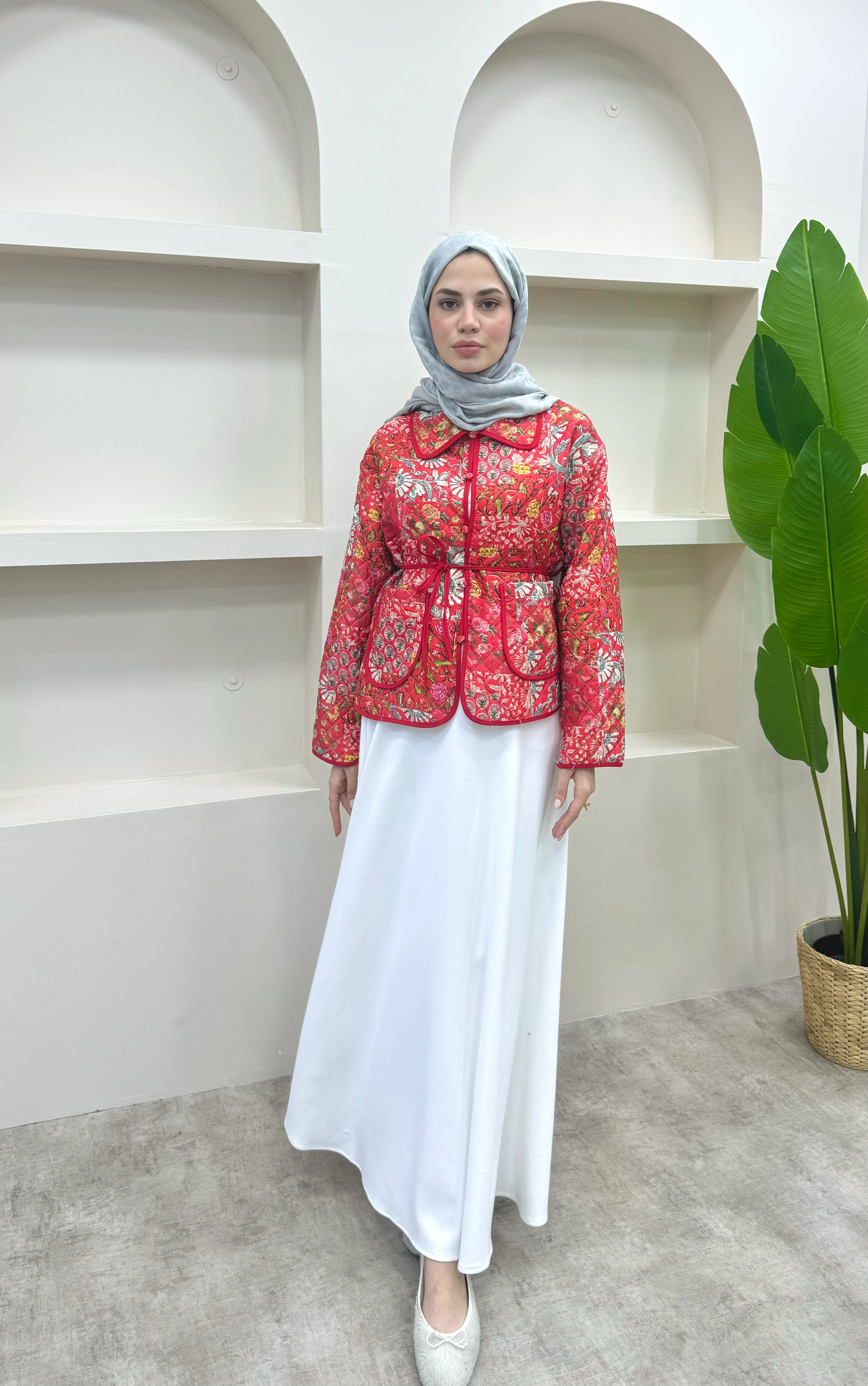 Bağlamalı Etnik Desen Kısa Ceket  - Kırmızı