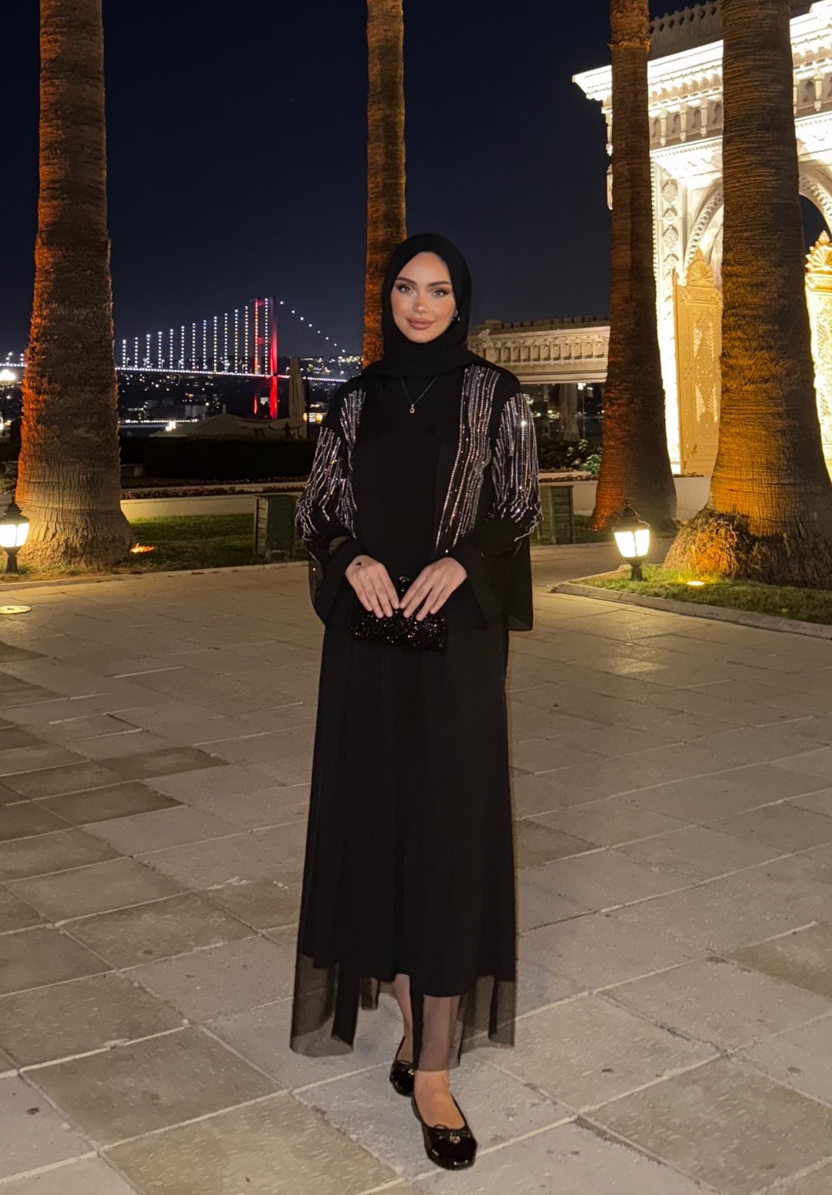 Taşlı Abaya Takım - Siyah