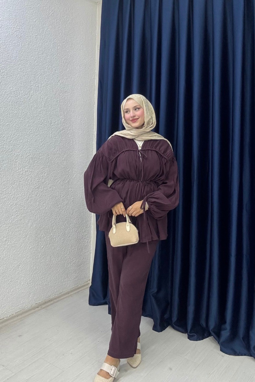 Çift Bağlamalı Büzgülü Takım  - Mürdüm