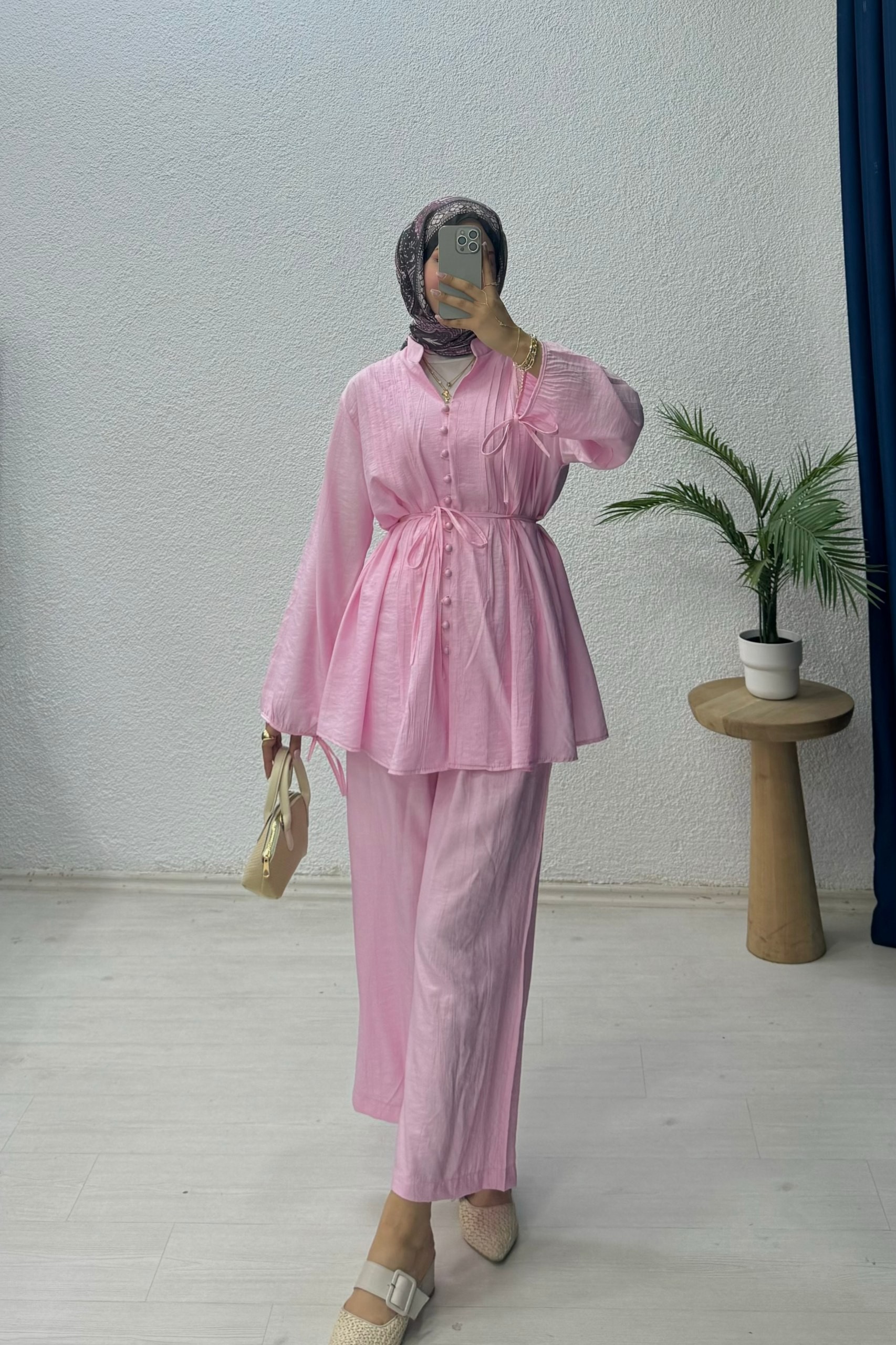 Düğmeli Bağlama Detaylı Takım - PEMBE