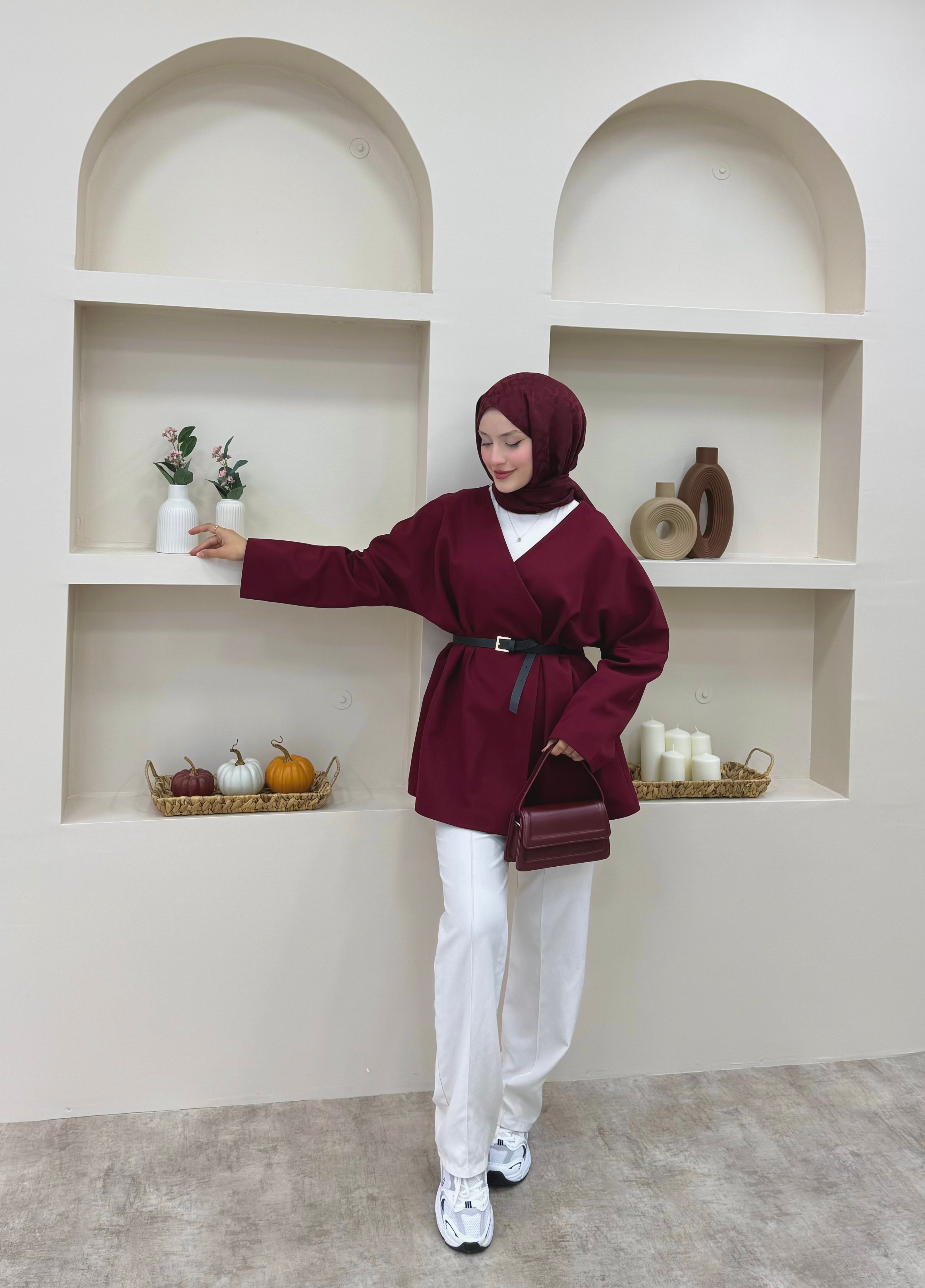 Kruvaze Yaka Kemerli Blazer Ceket  - Bordo