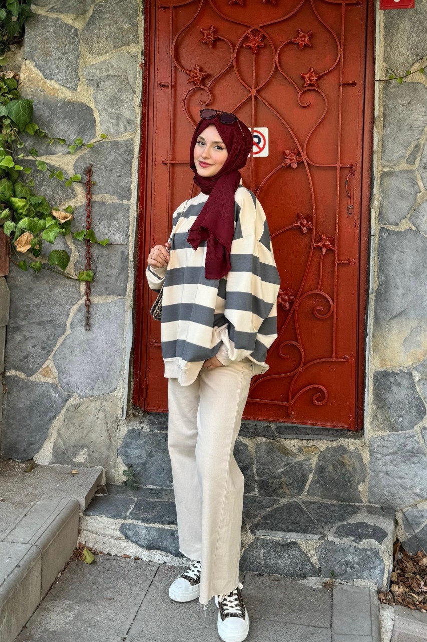Çizgili Basic İki İplik Sweat 
