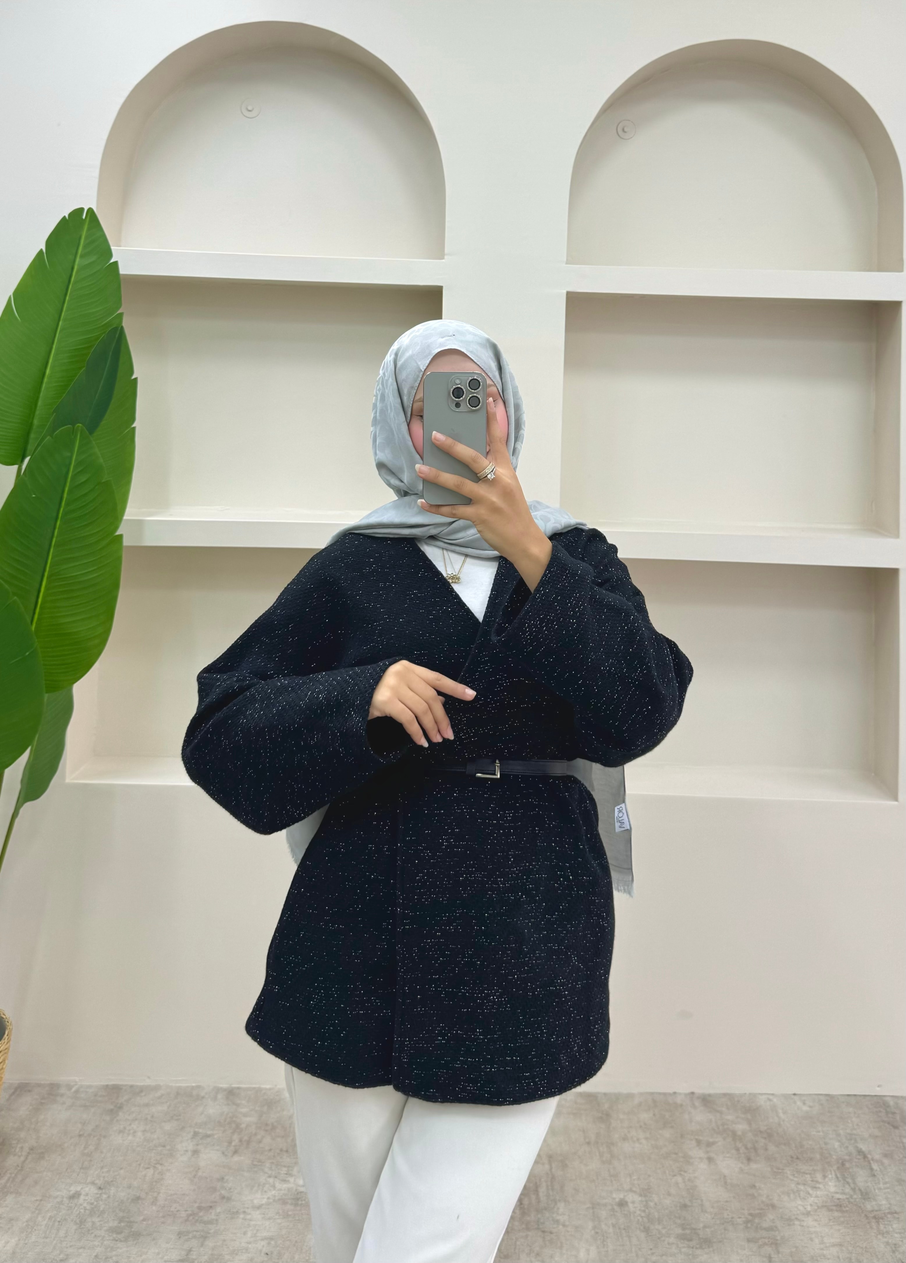 Simli Kemerli Ceket - Siyah