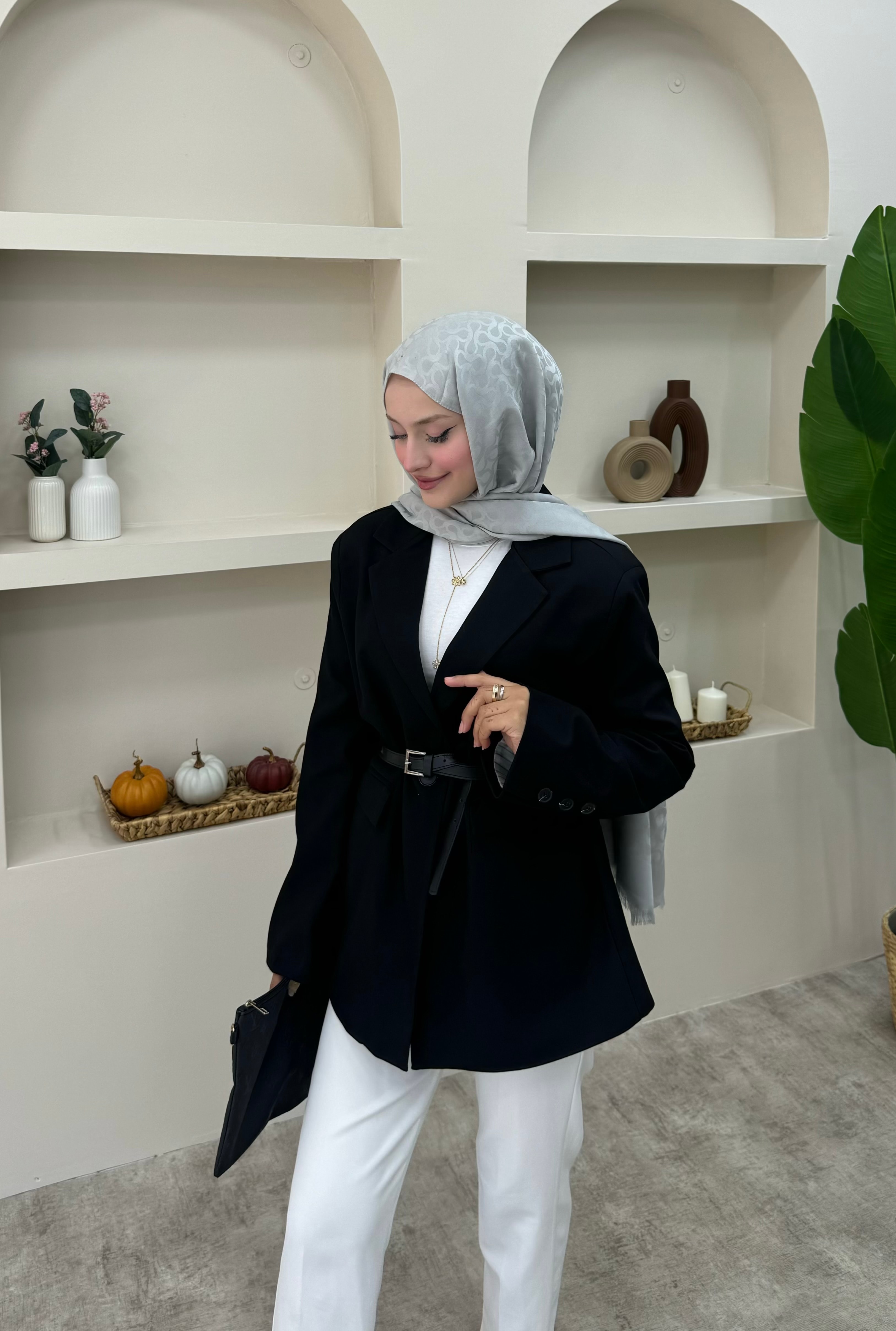 Keten Tek Düğmeli Blazer Ceket  - Siyah