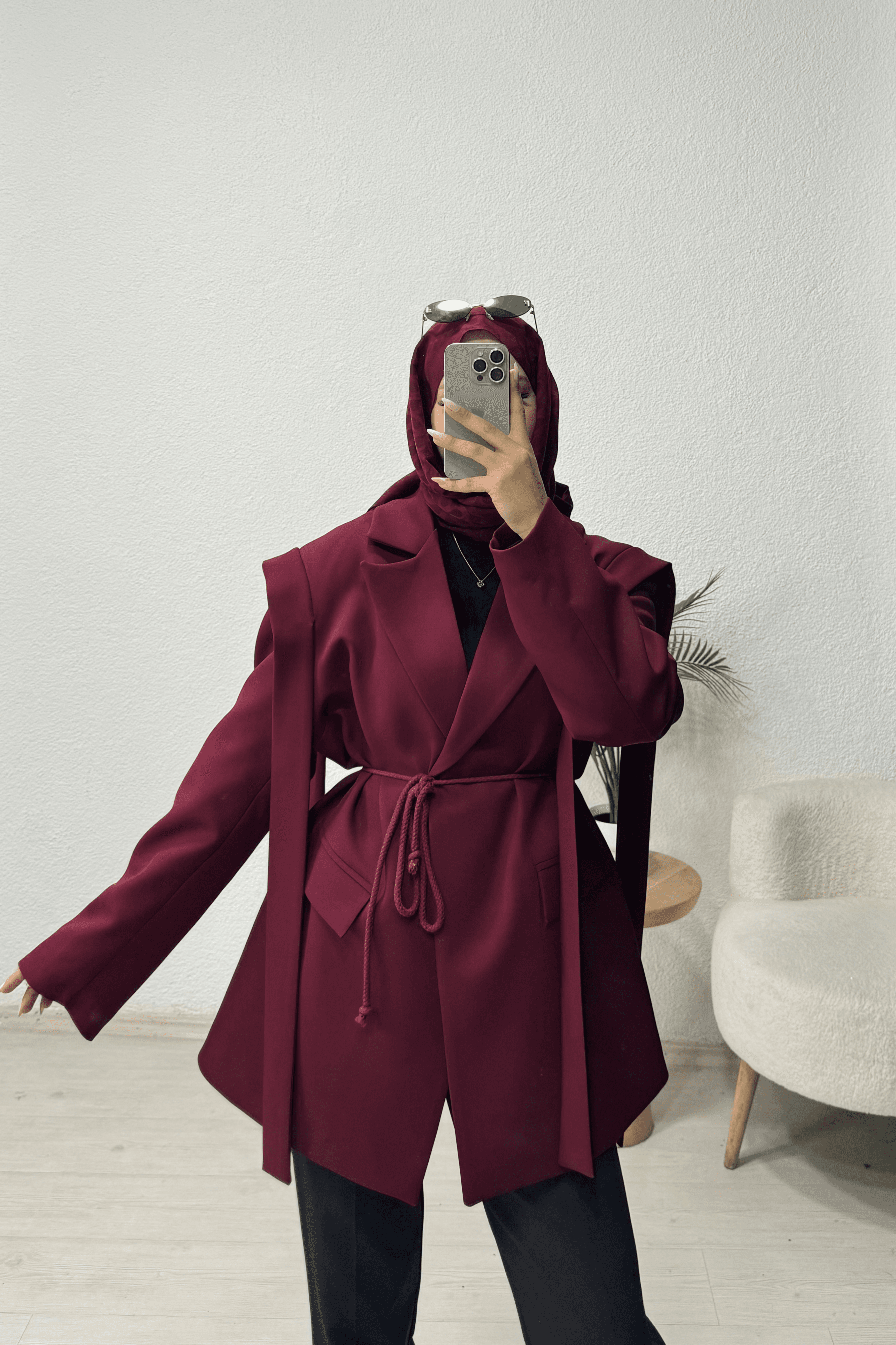 Omuz Kuşaklı Blazer Ceket - Bordo