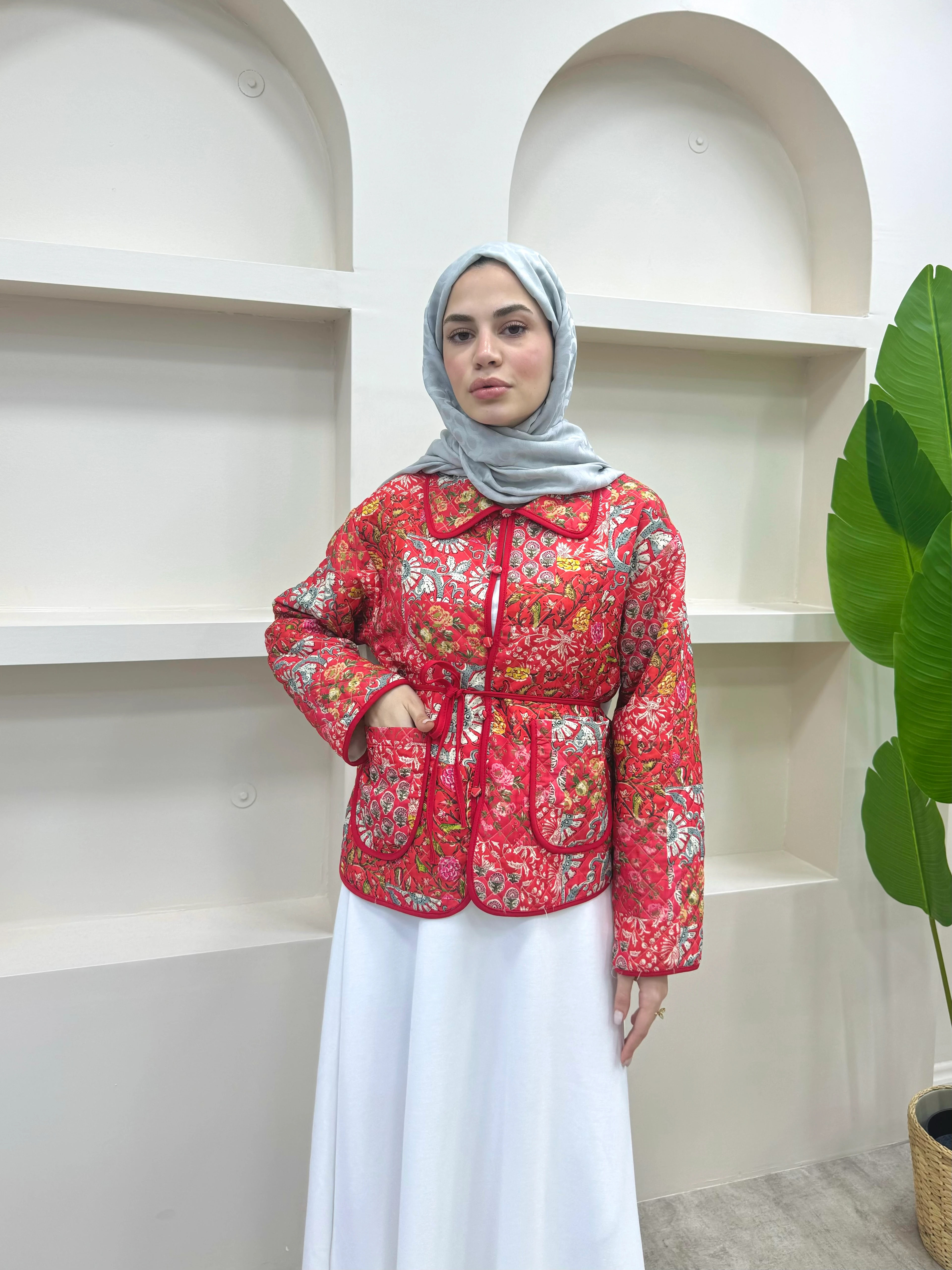 Bağlamalı Etnik Desen Kısa Ceket  - Kırmızı