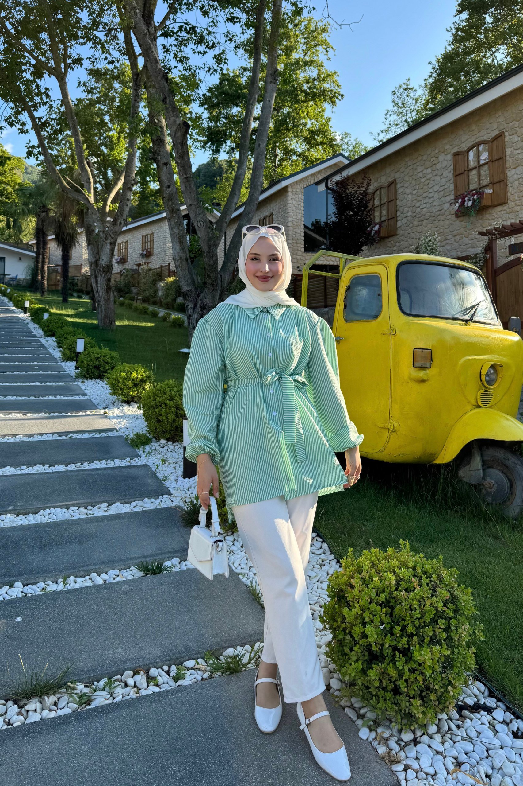 Bağlamalı Çizgili Gömlek  - Yeşil