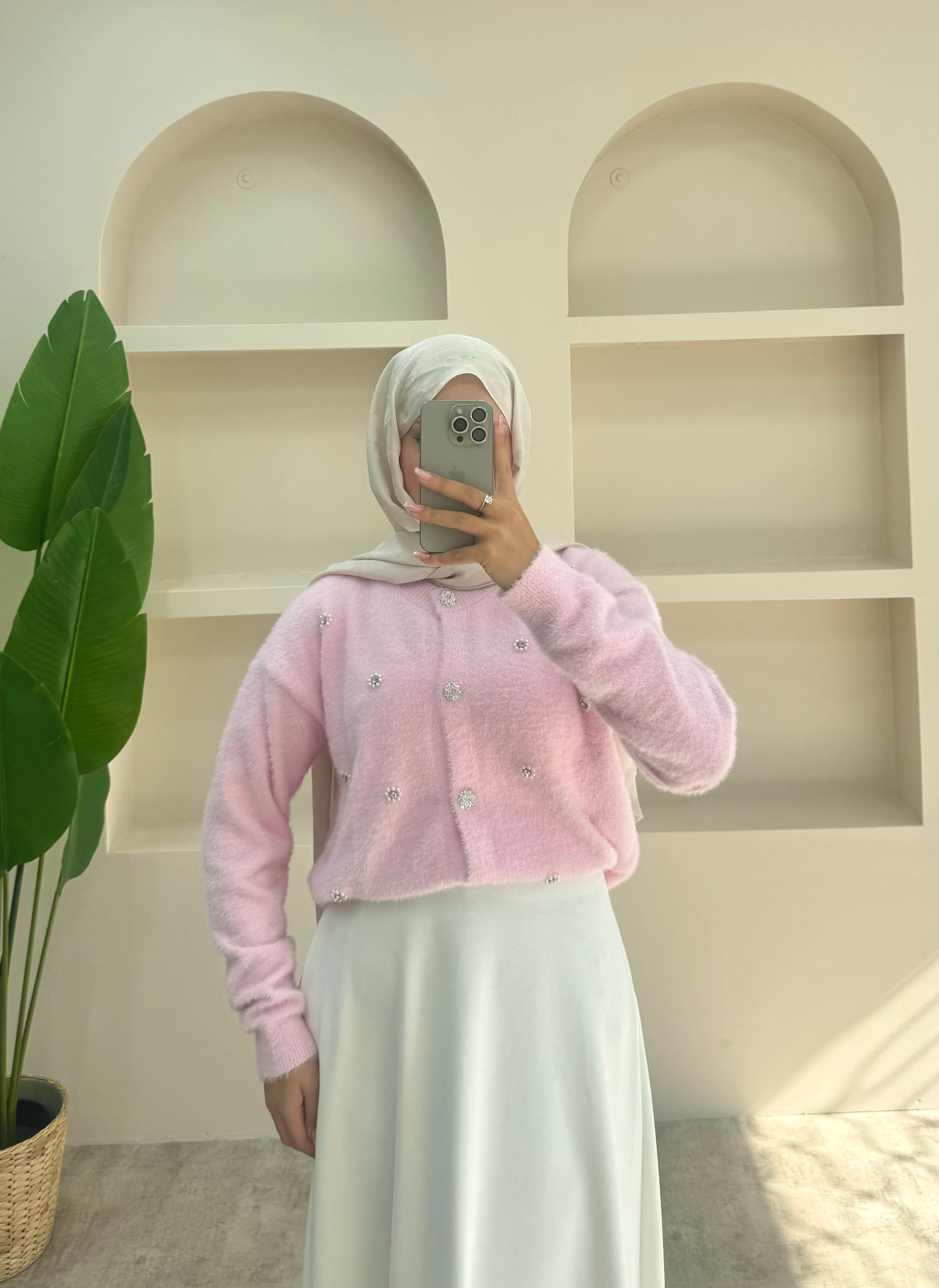İnci Detaylı Triko Hırka - Pembe