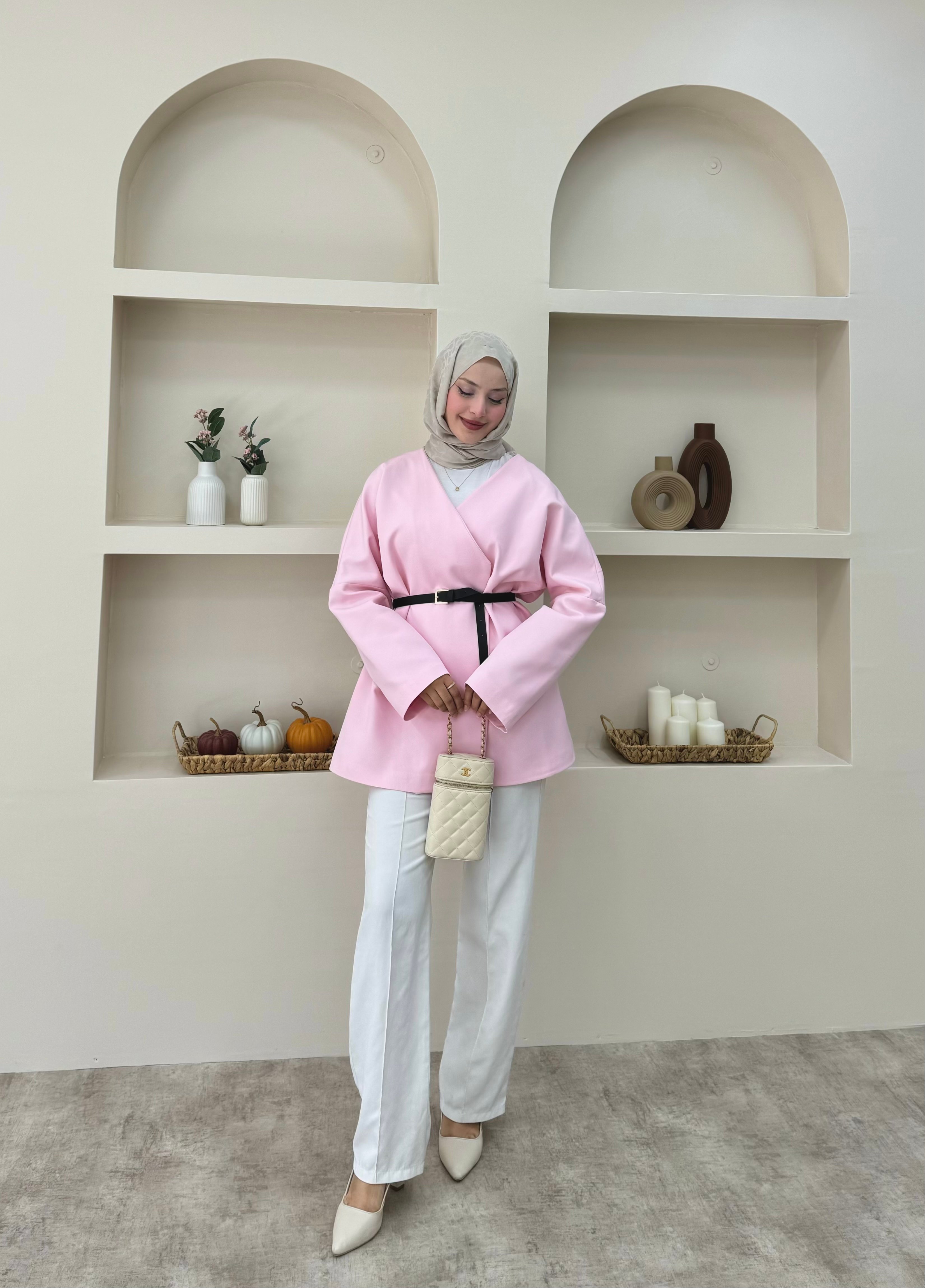 Kruvaze Yaka Kemerli Blazer Ceket  - Pembe