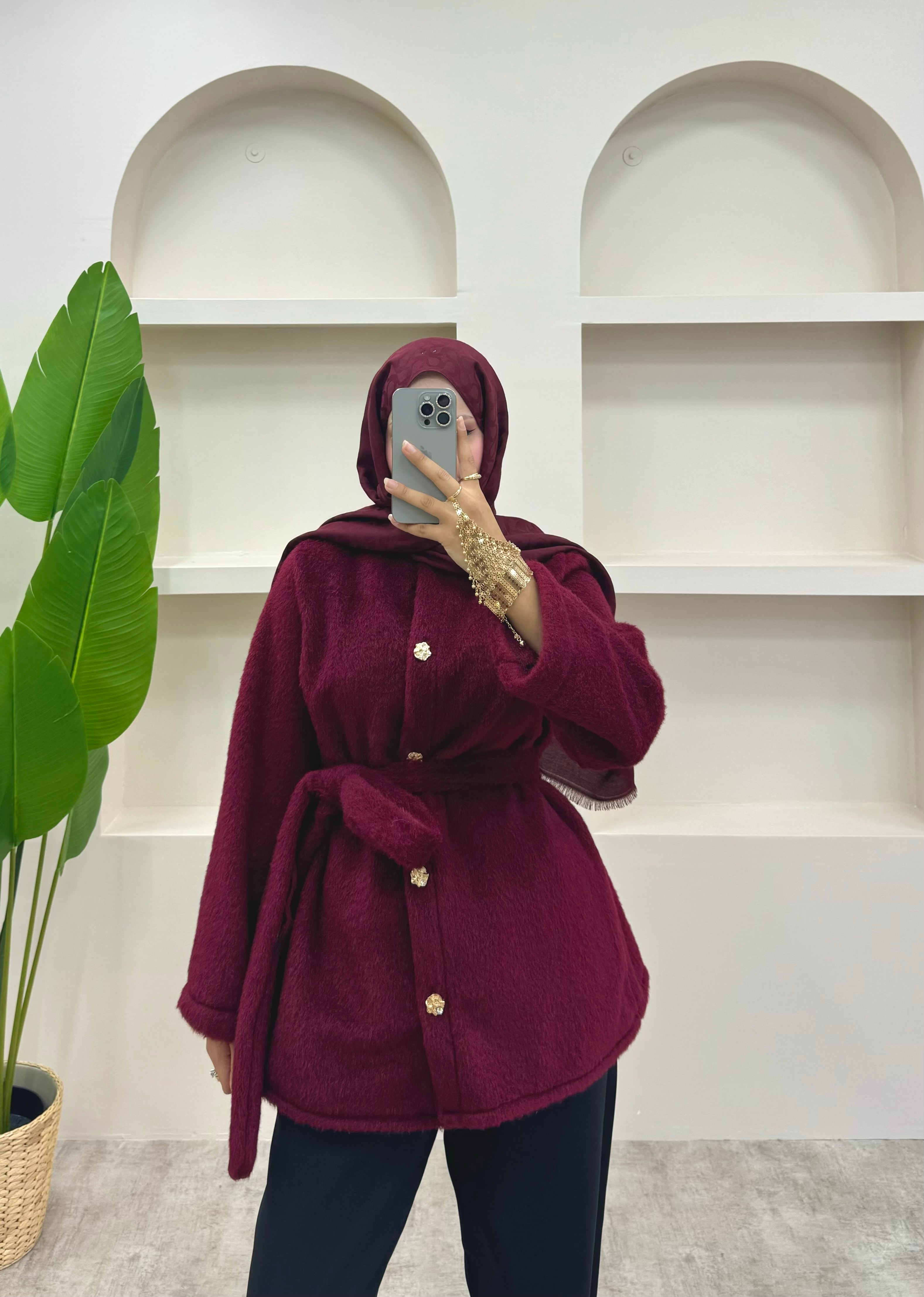Gold Düğmeli Peluş Ceket  - Bordo