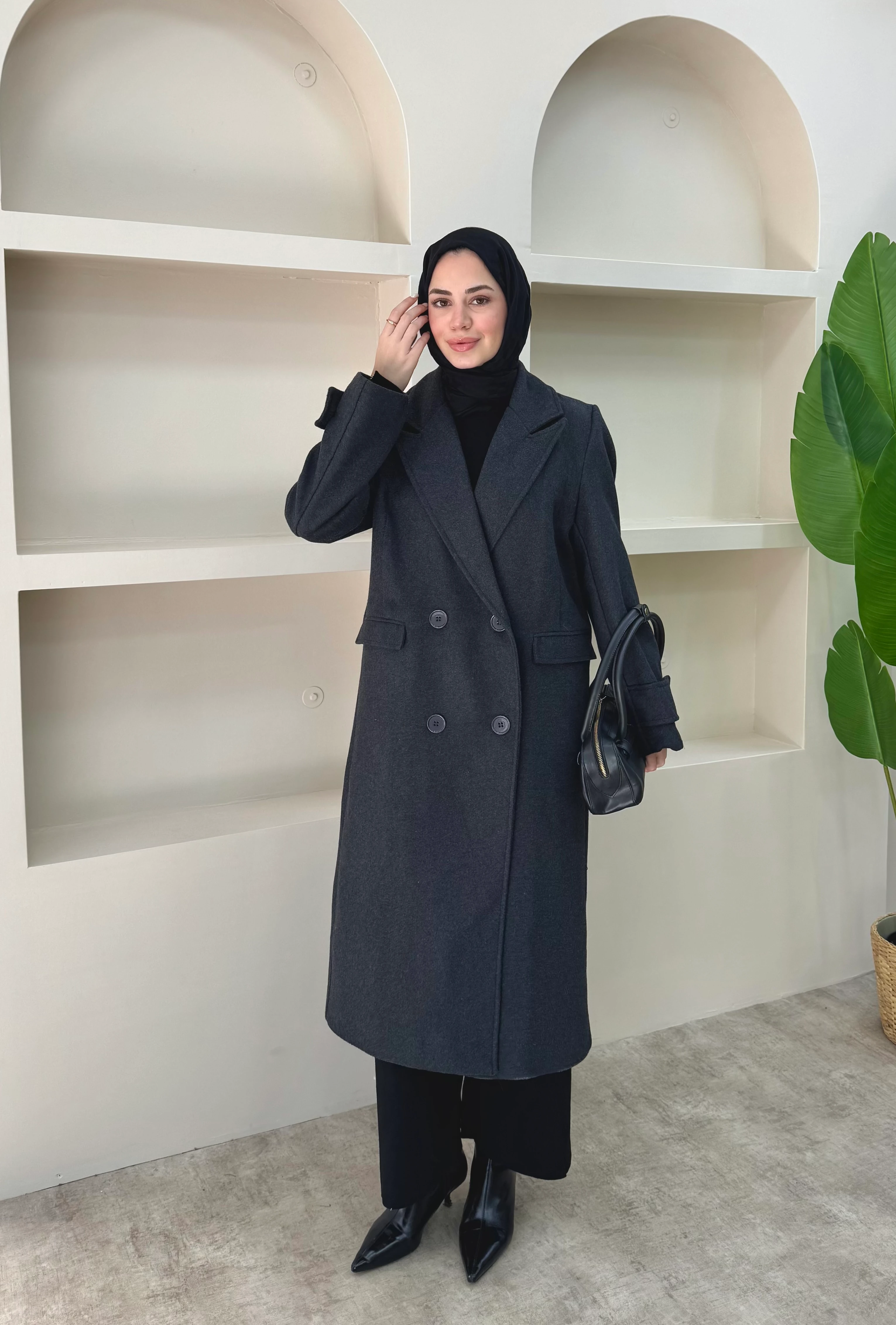 Kruvaze Maxi Kaşe Kaban - Antrasit