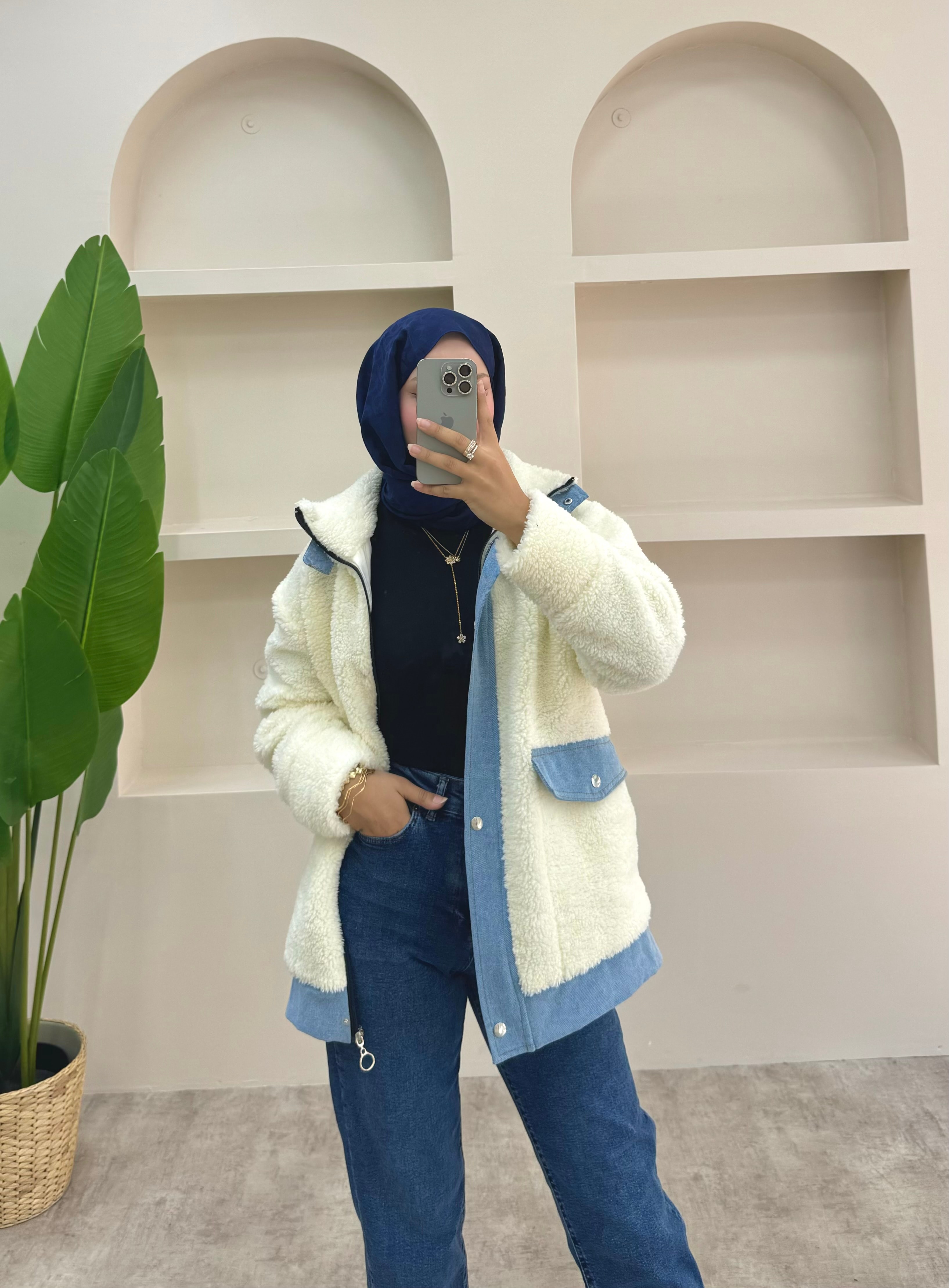 Kot Detaylı Peluş Ceket - Krem