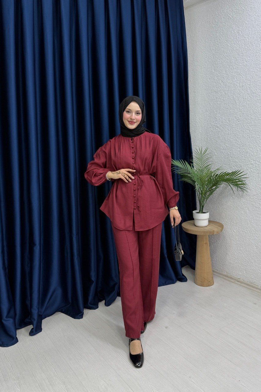 Premium Düğmeli Tensel Takım - Bordo