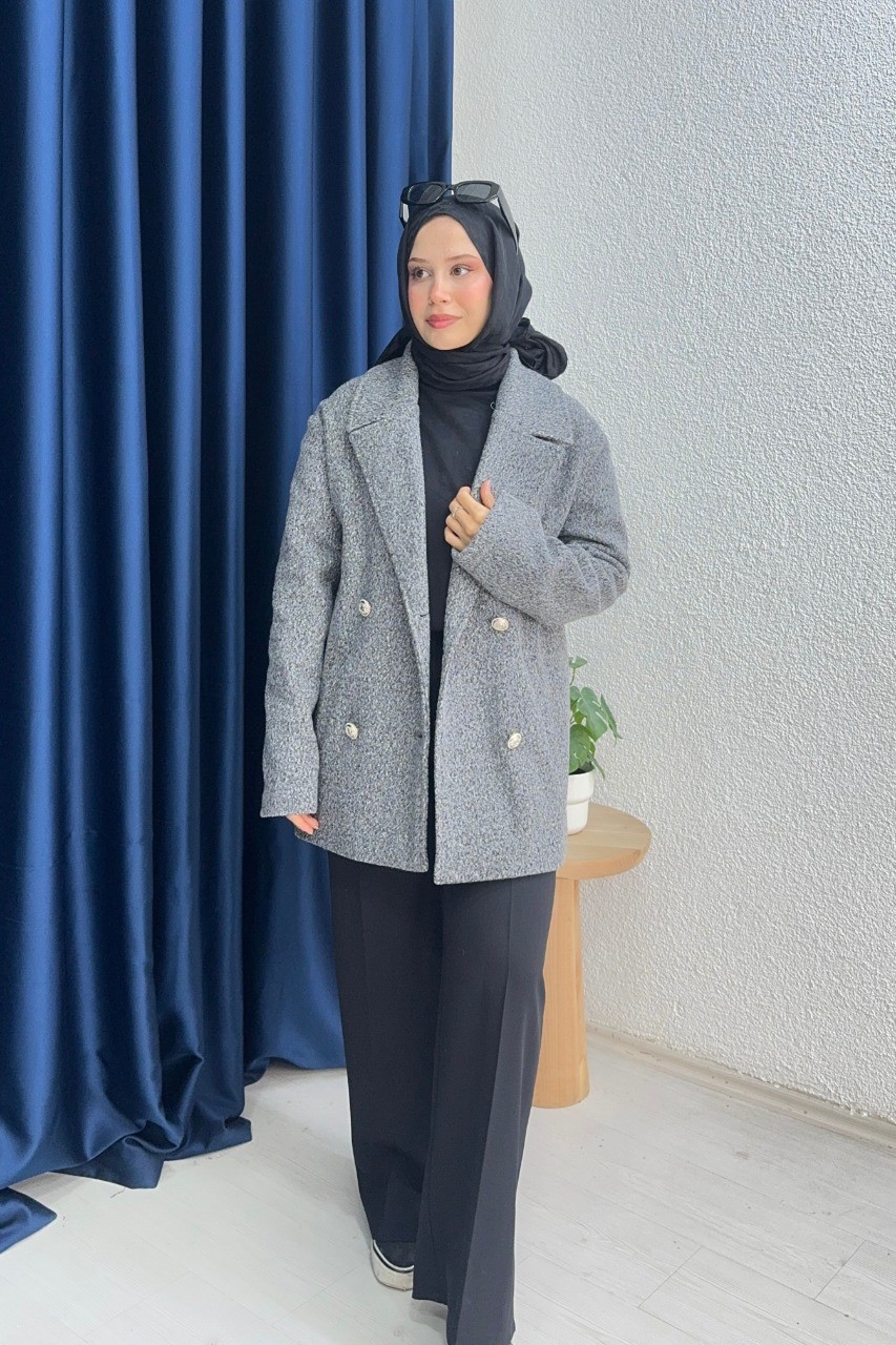 Oversize Kaşe Astarlı Ceket - Gri