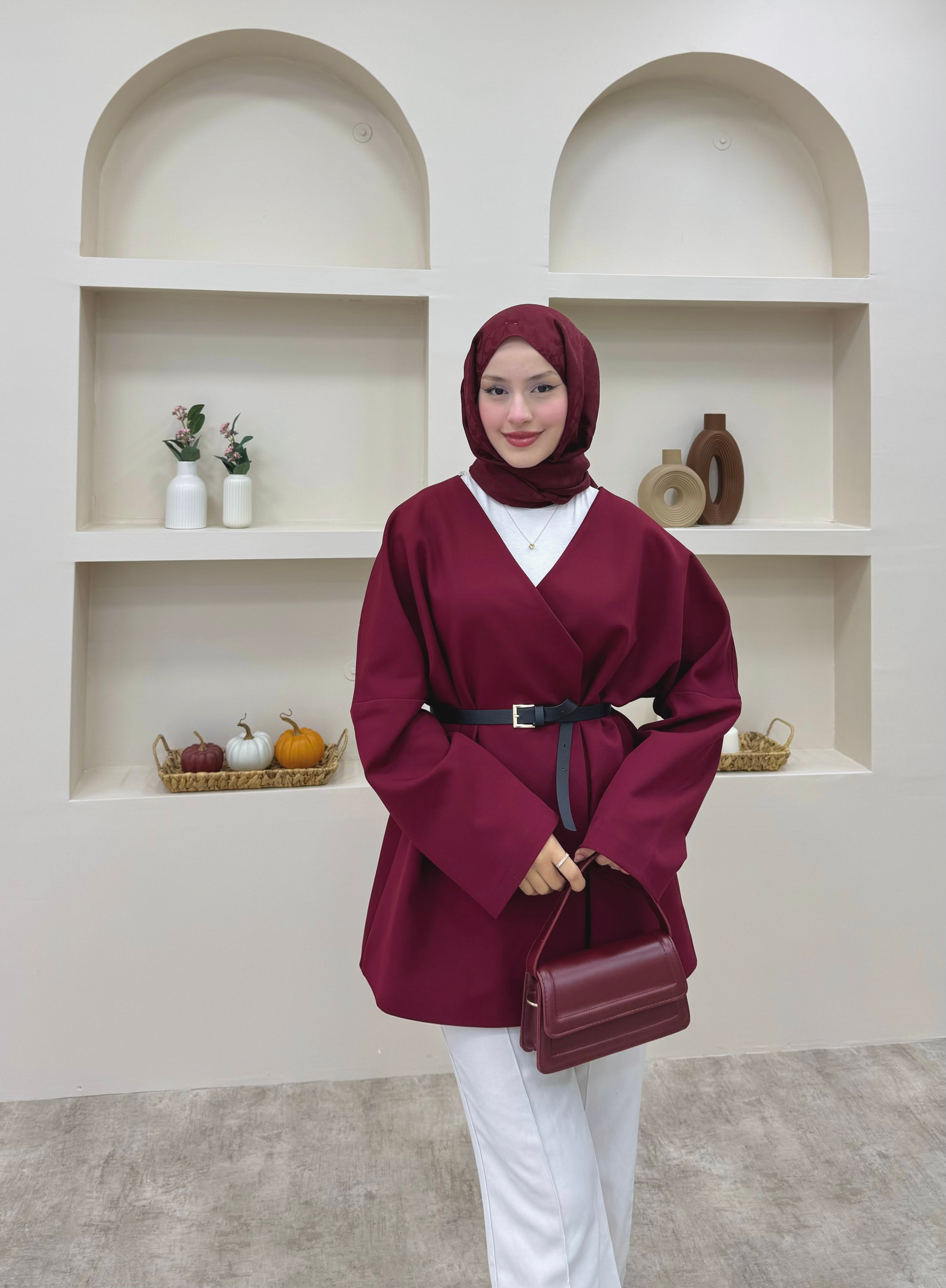 Kruvaze Yaka Kemerli Blazer Ceket 