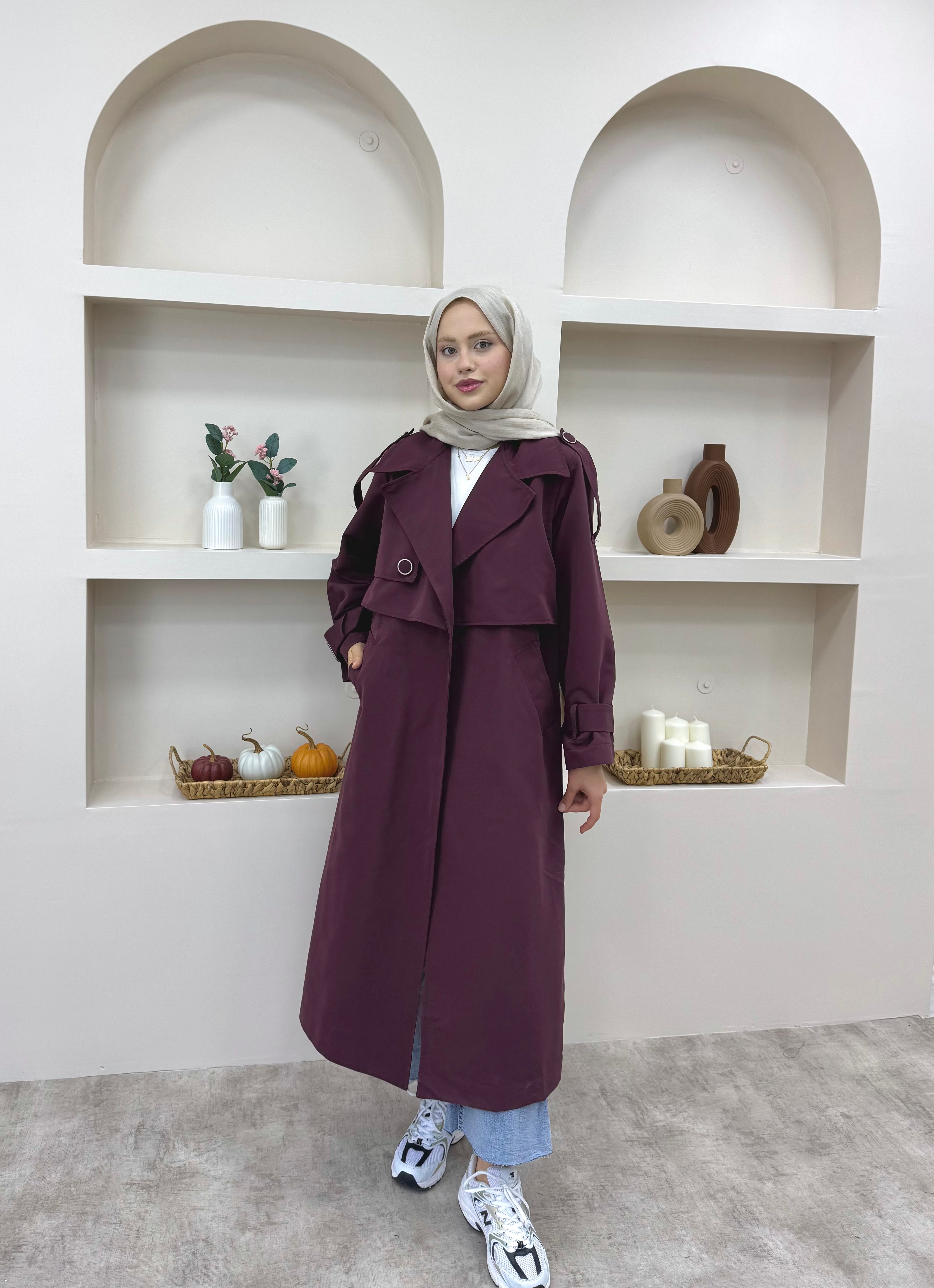 Çift Rüzgarlık Trenç Kot  - Bordo