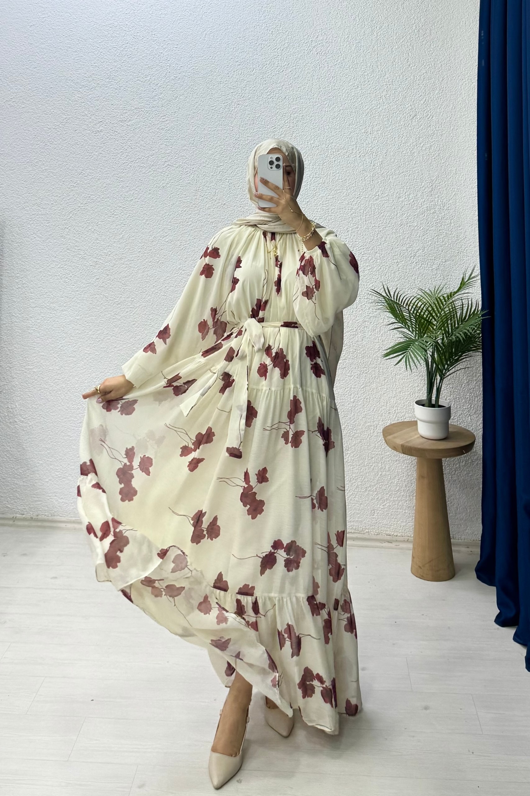 Çicek Desenli Şifon Elbise - Bordo