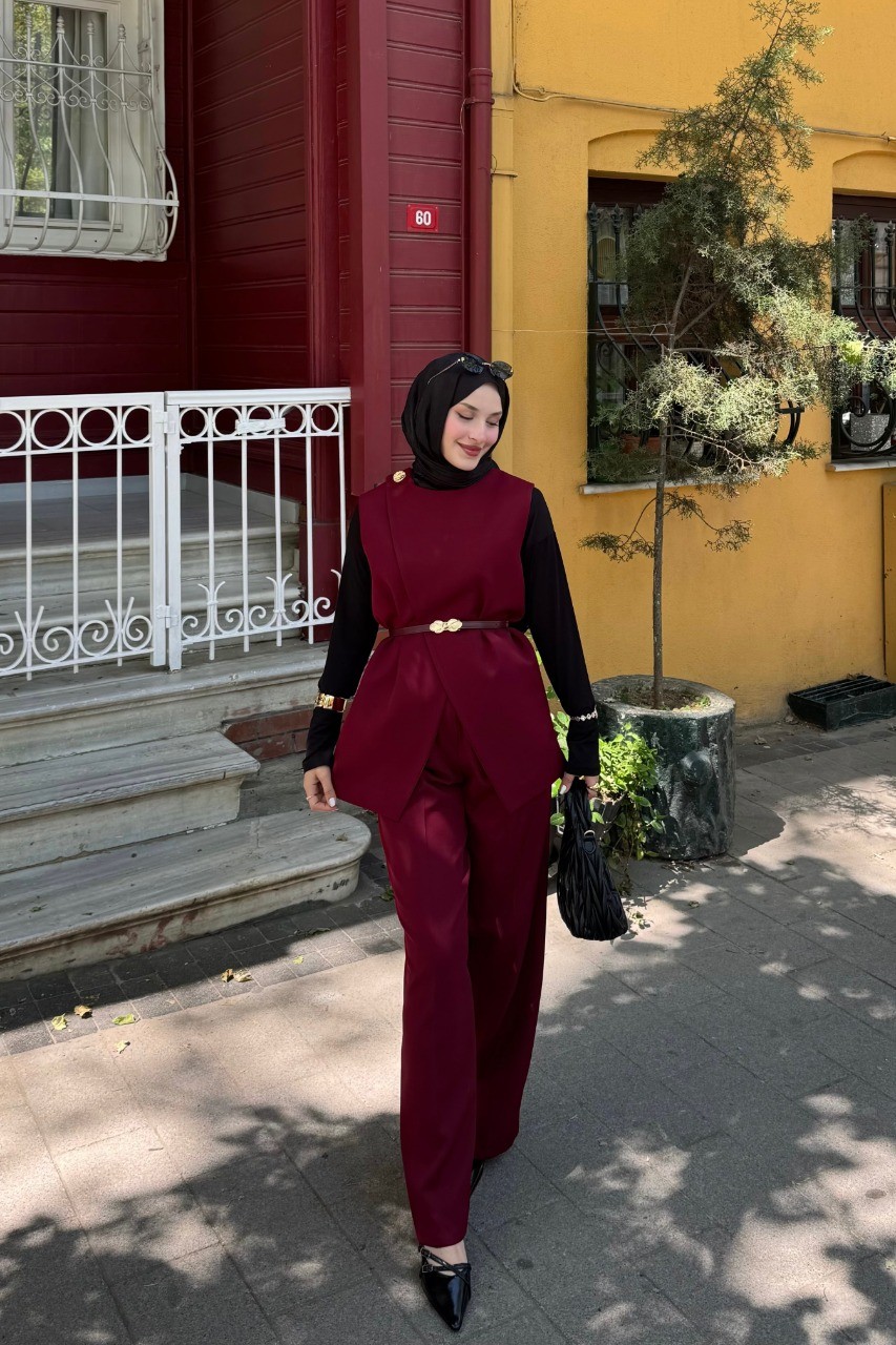 Yelekli Pantolon Takım - Bordo