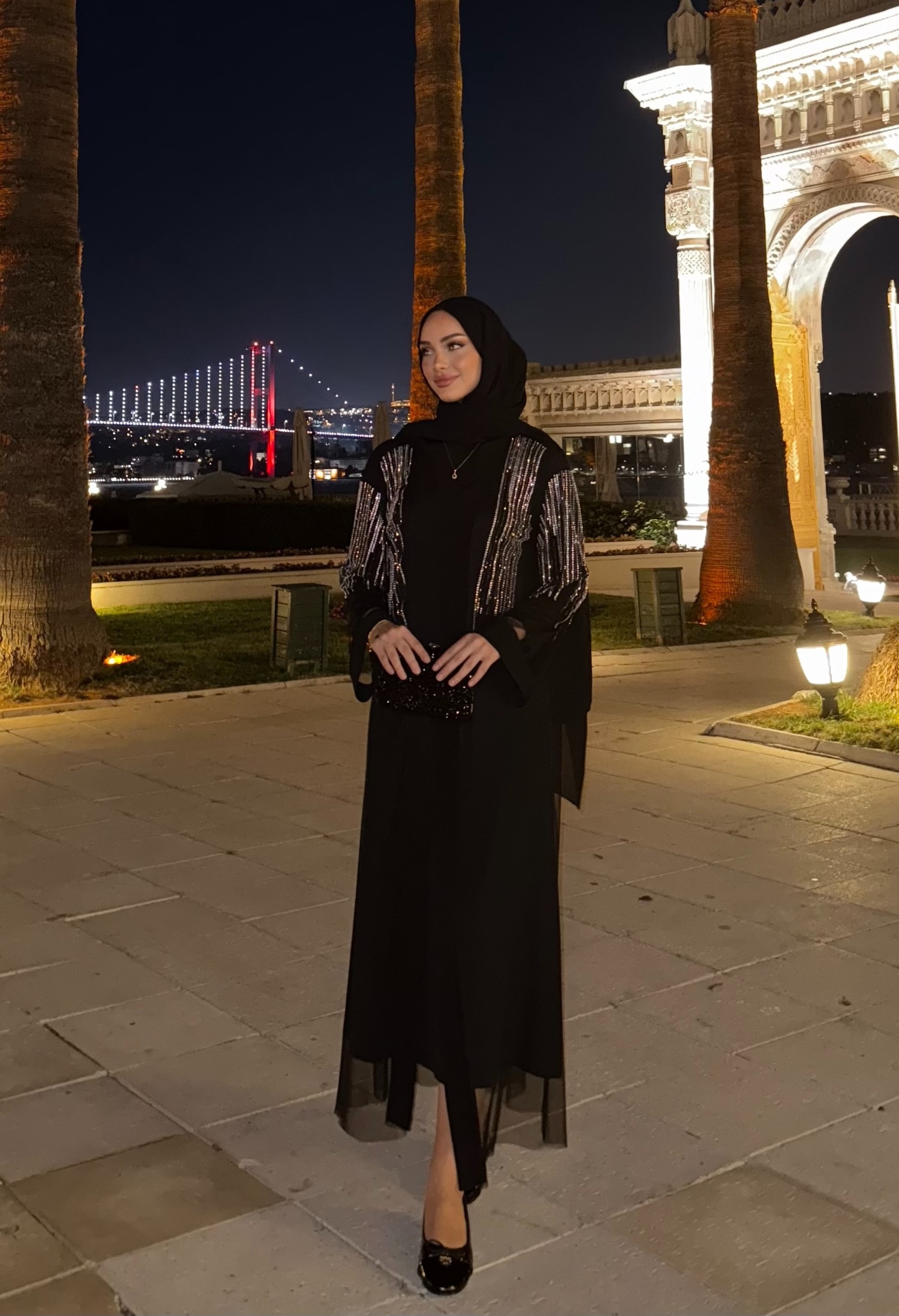 Taşlı Abaya Takım - Siyah