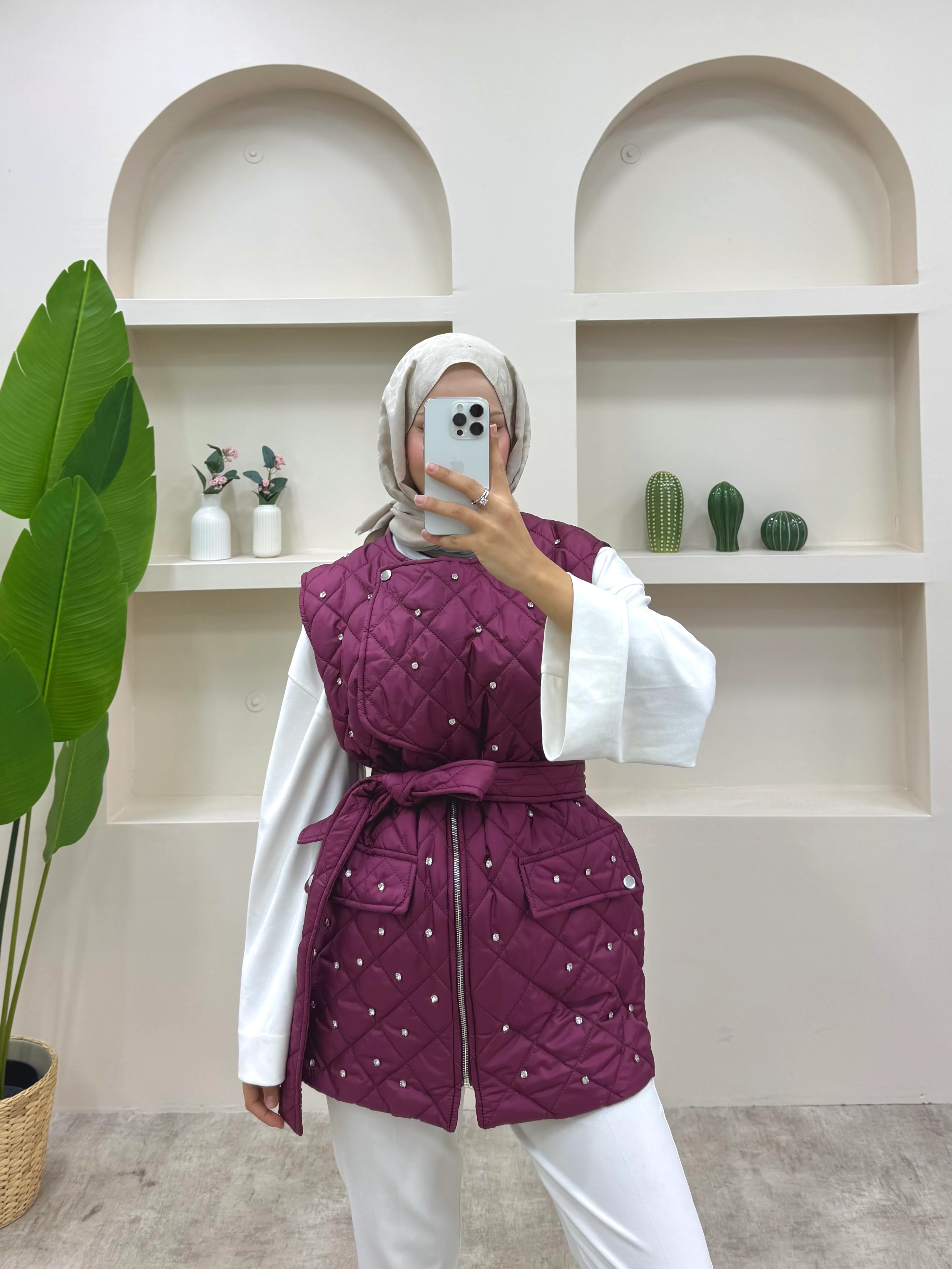 Taşlı Bağlamalı Yelek - Bordo