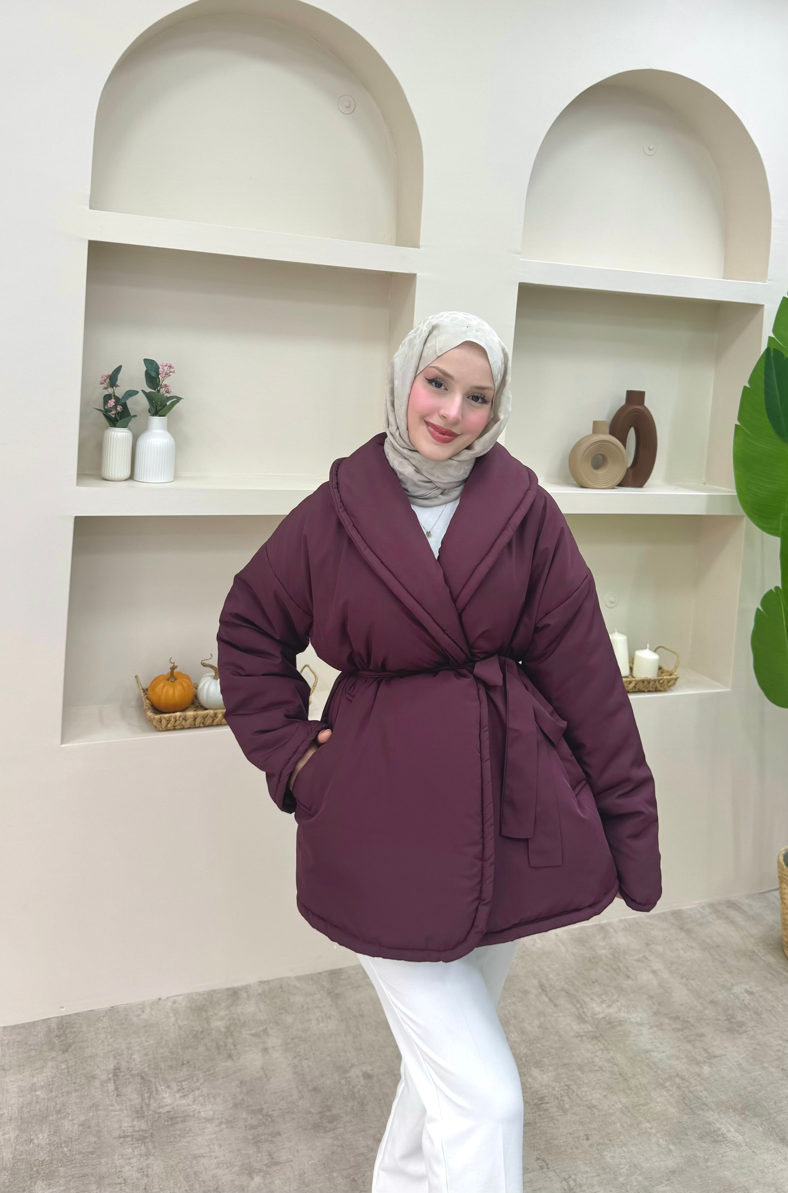 Şal Yaka Kemerli Mont - Bordo