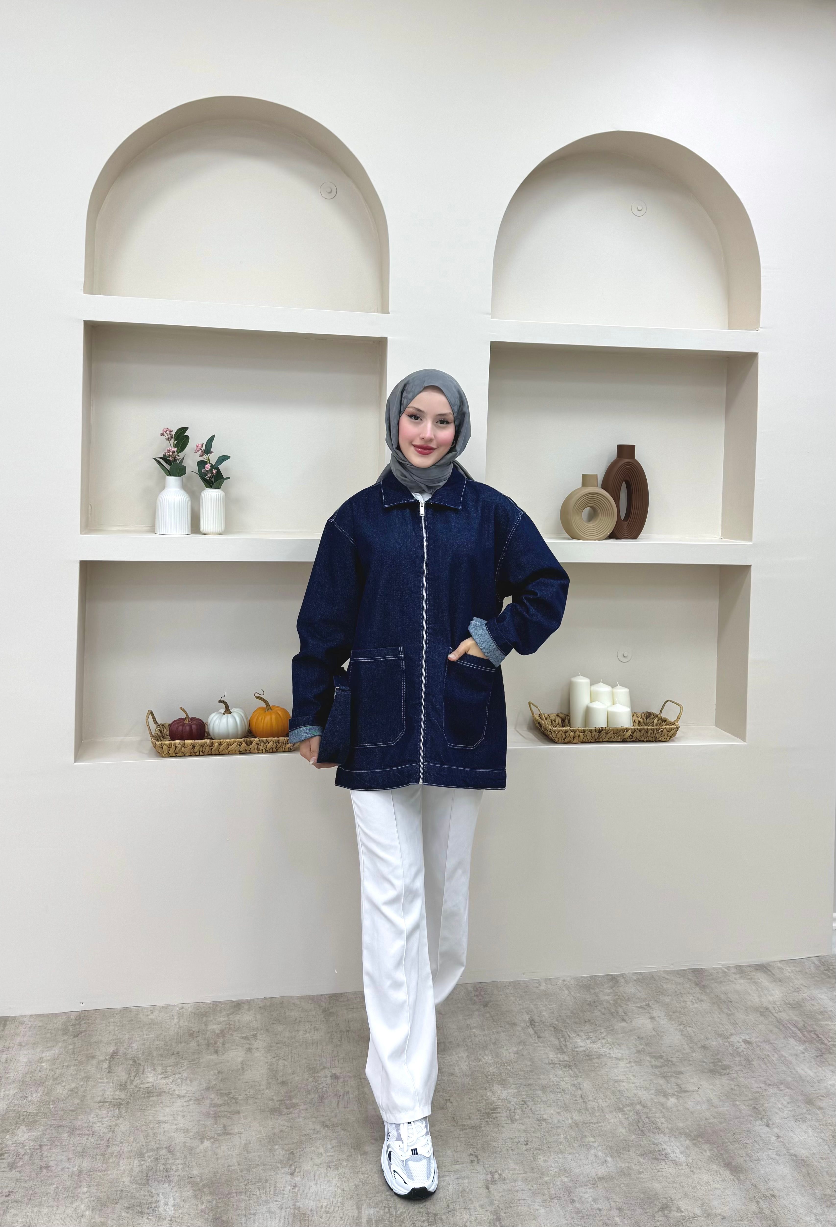 Fermuarlı Kot Ceket  - Lacivert