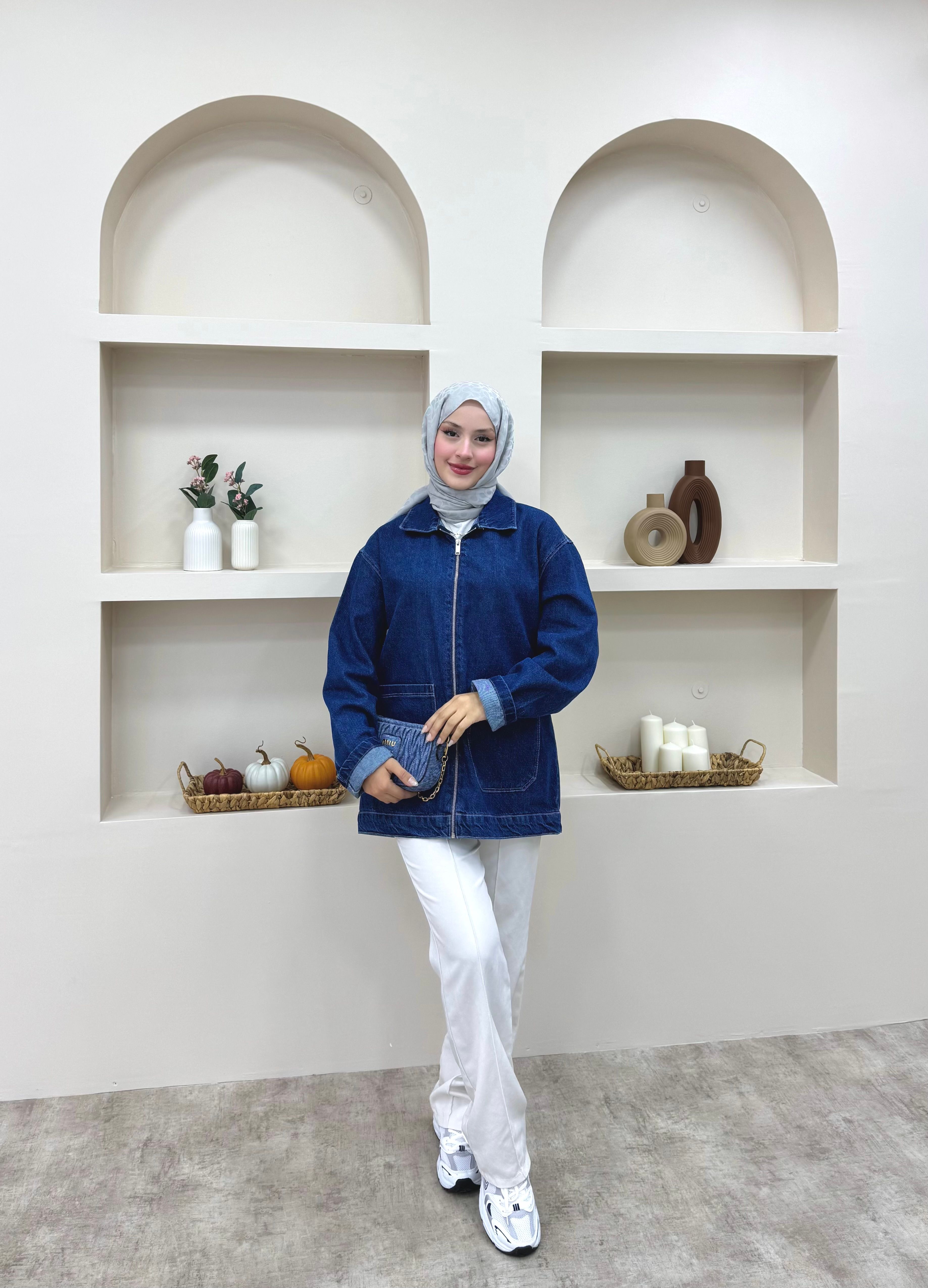 Fermuarlı Kot Ceket  - Koyu mavi