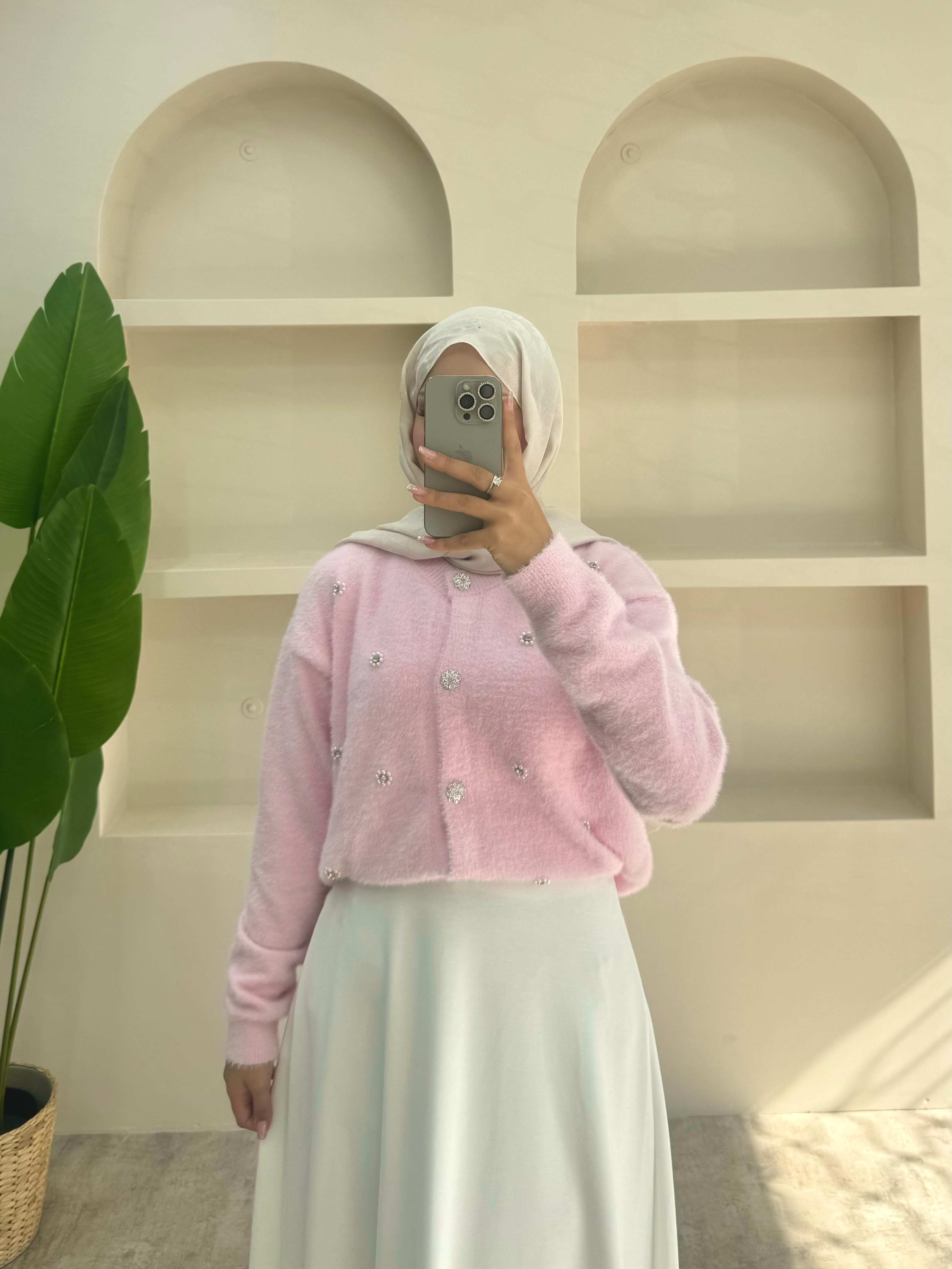 İnci Detaylı Triko Hırka - Pembe
