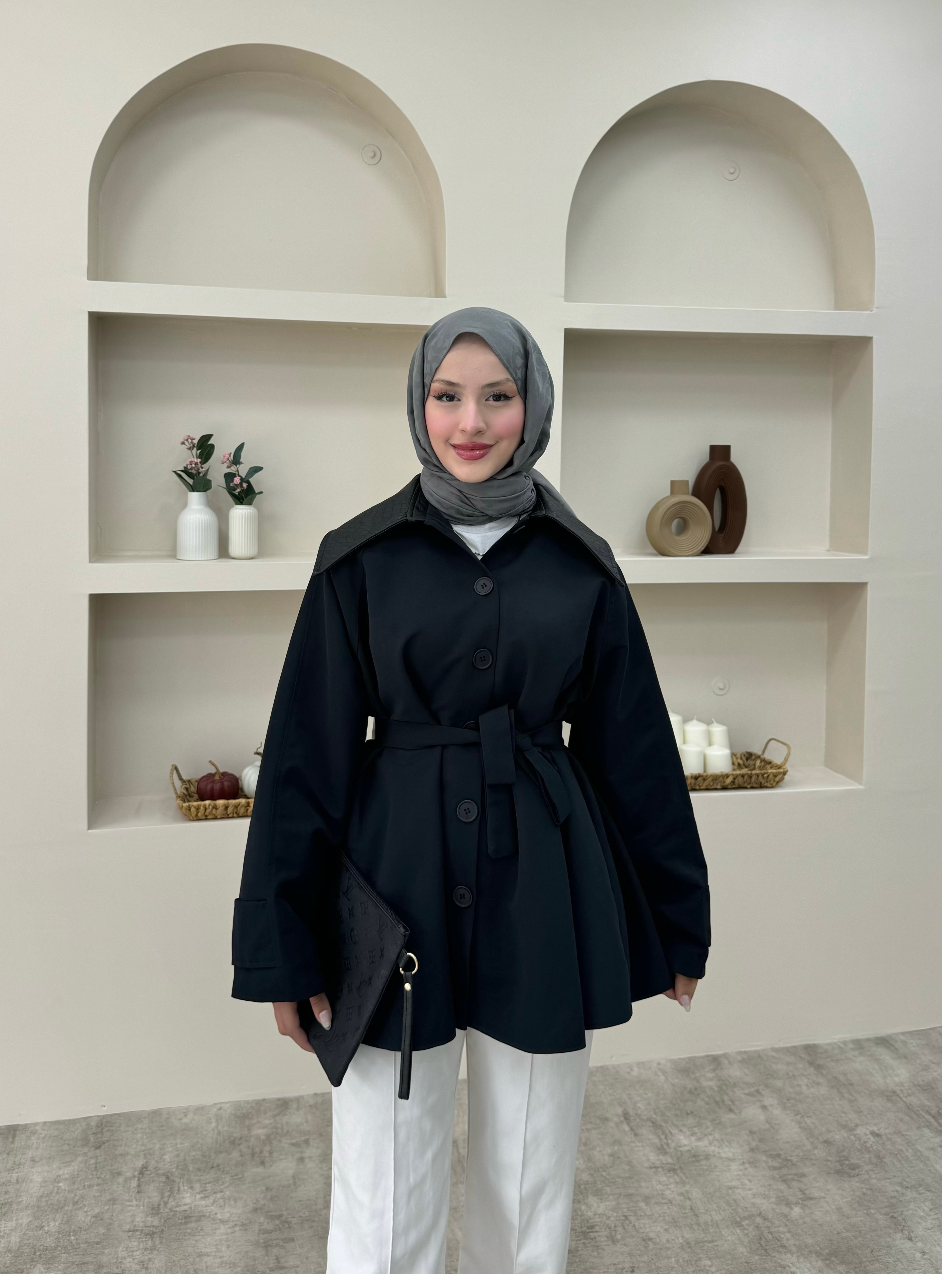 Deri Yakalı Trençkot  - Siyah