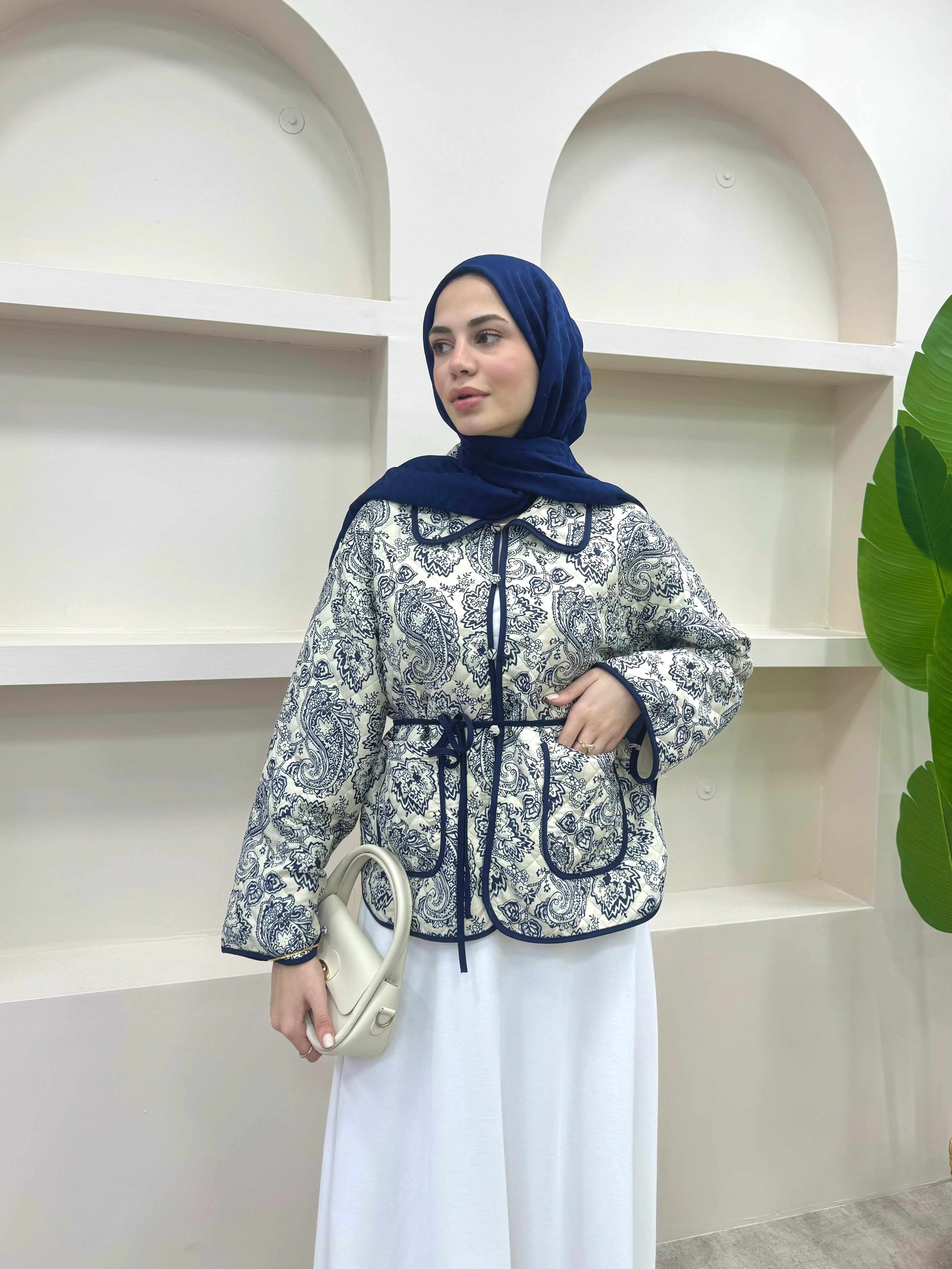 Bağlamalı Etnik Desen Kısa Ceket  - Lacivert