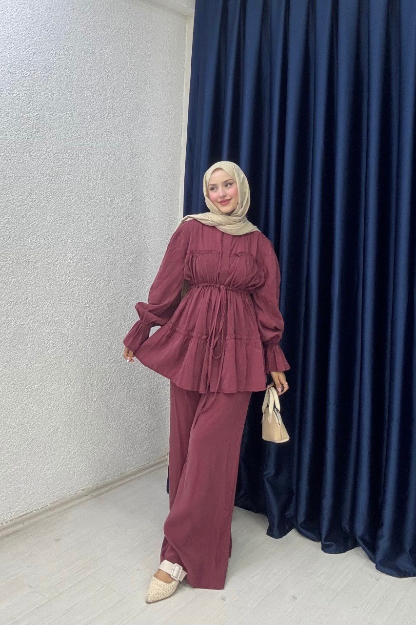 Büzgülü Pantolon Takım  - Bordo