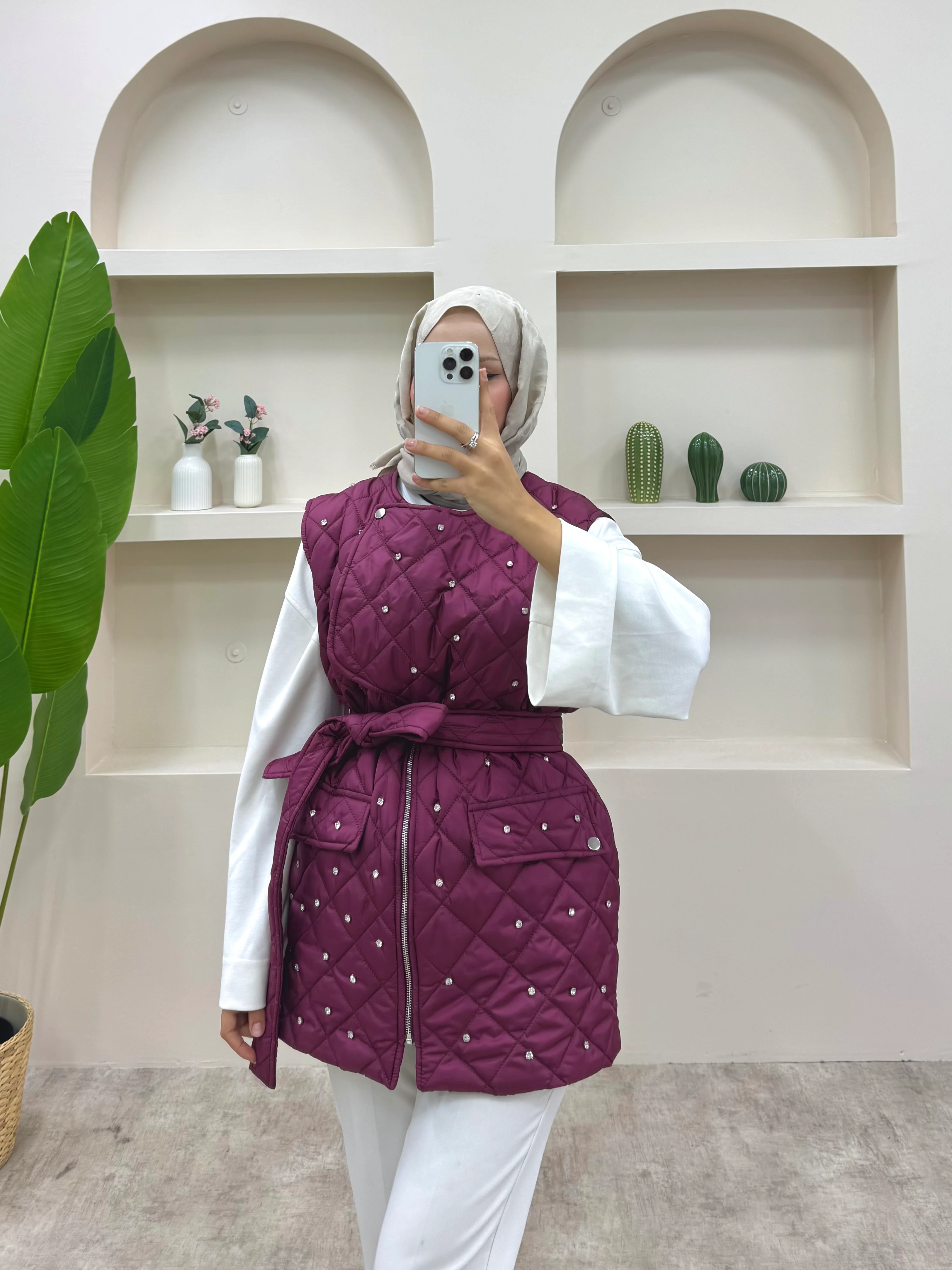 Taşlı Bağlamalı Yelek - Bordo