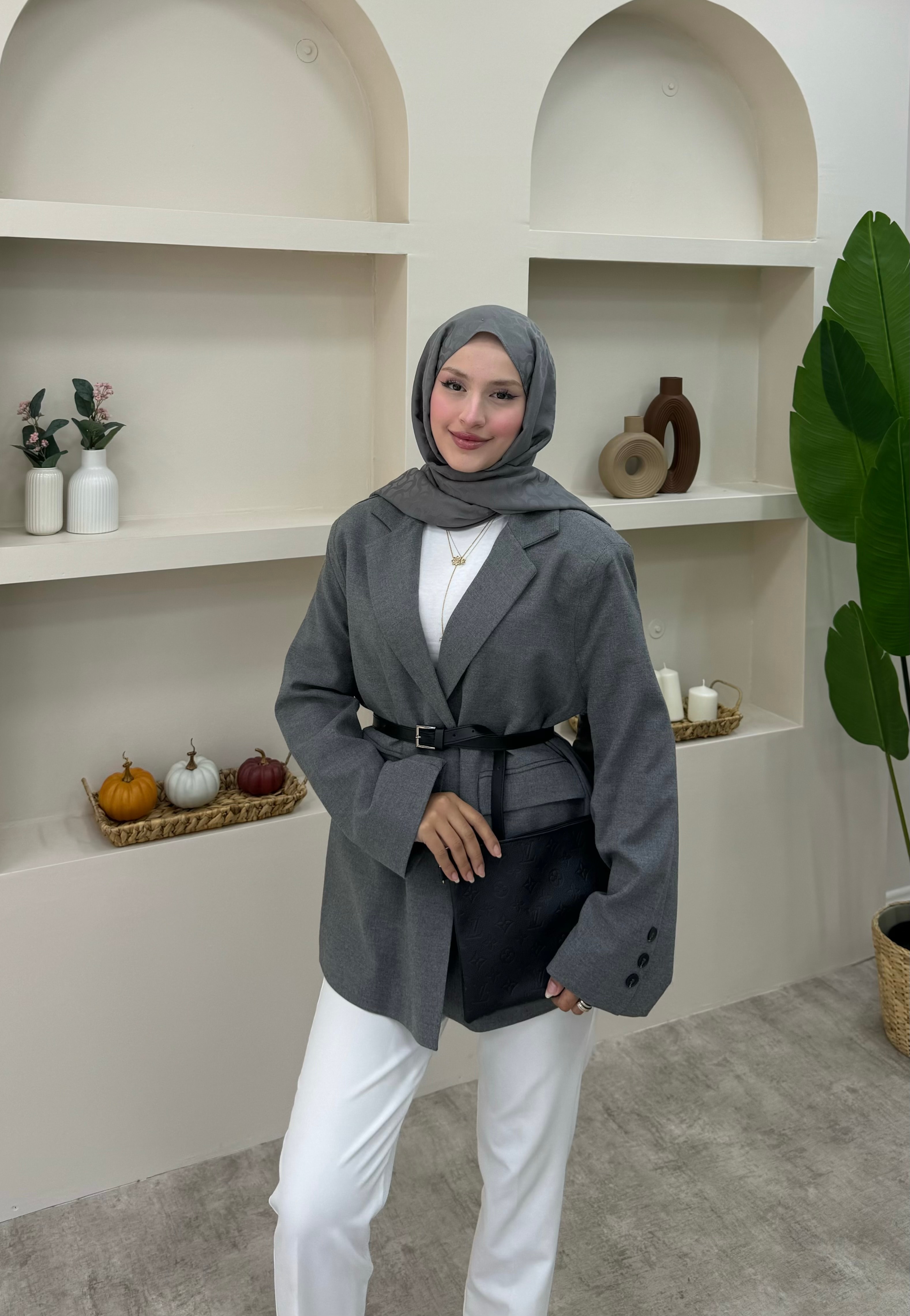 Keten Tek Düğmeli Blazer Ceket  - antrasit