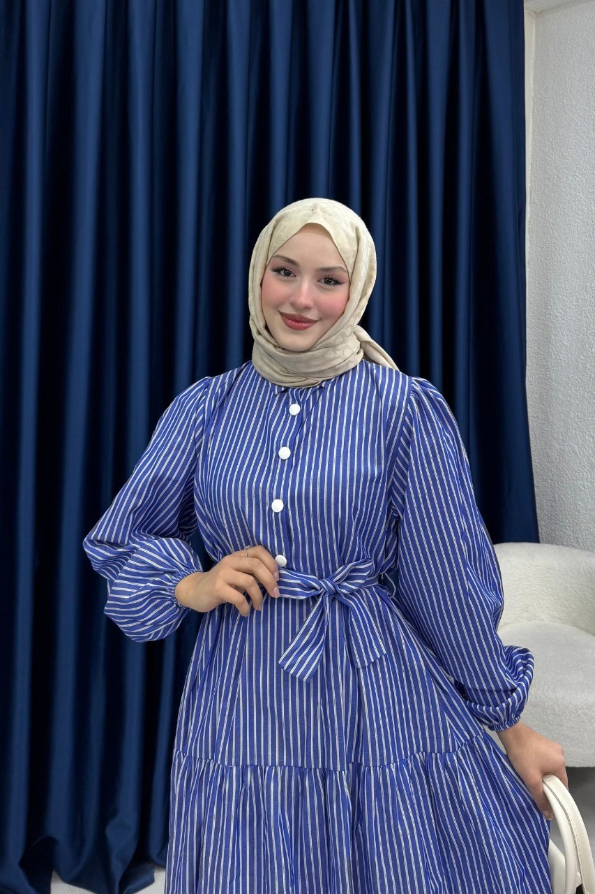 Kuşaklı Çizgili Elbise