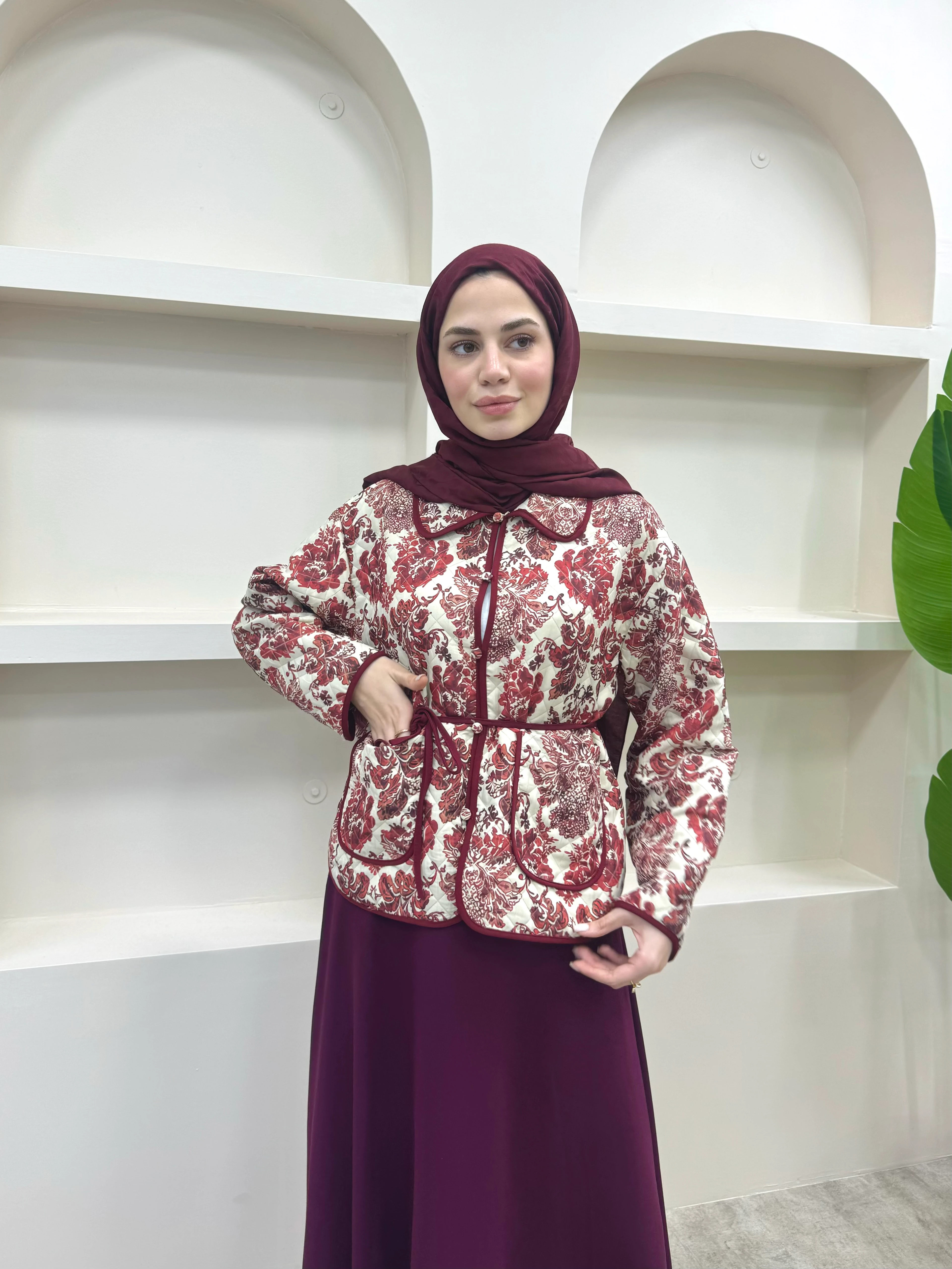 Bağlamalı Etnik Desen Kısa Ceket  - Bordo