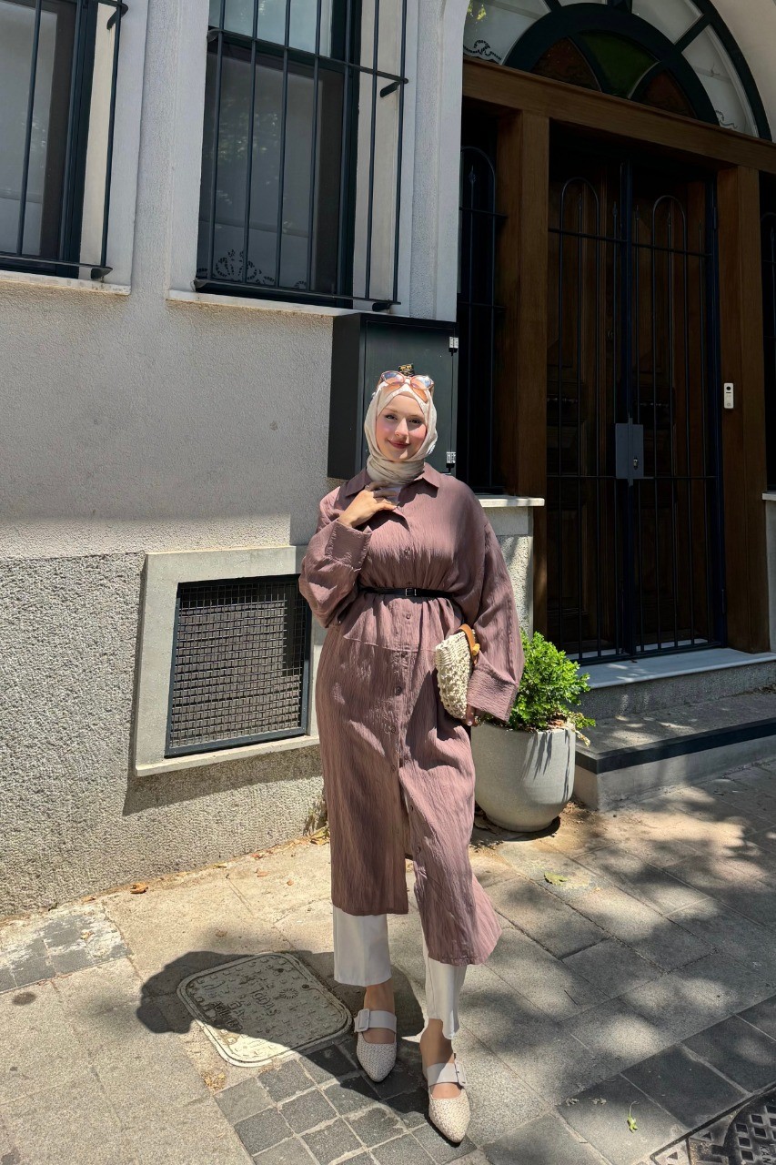 Pamuklu Keten Uzun Gömlek  - Kahverengi