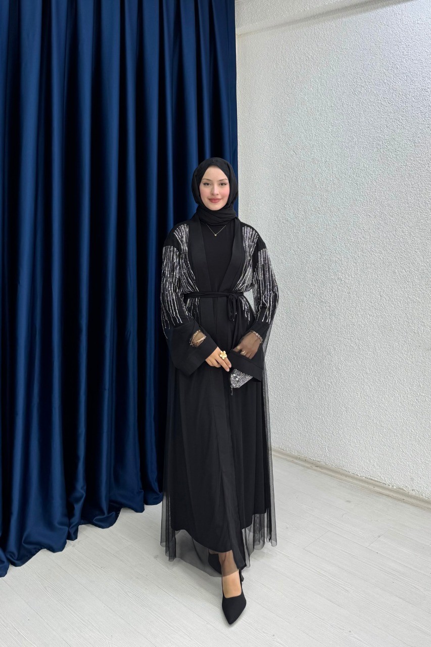 Taşlı Abaya Takım - Siyah