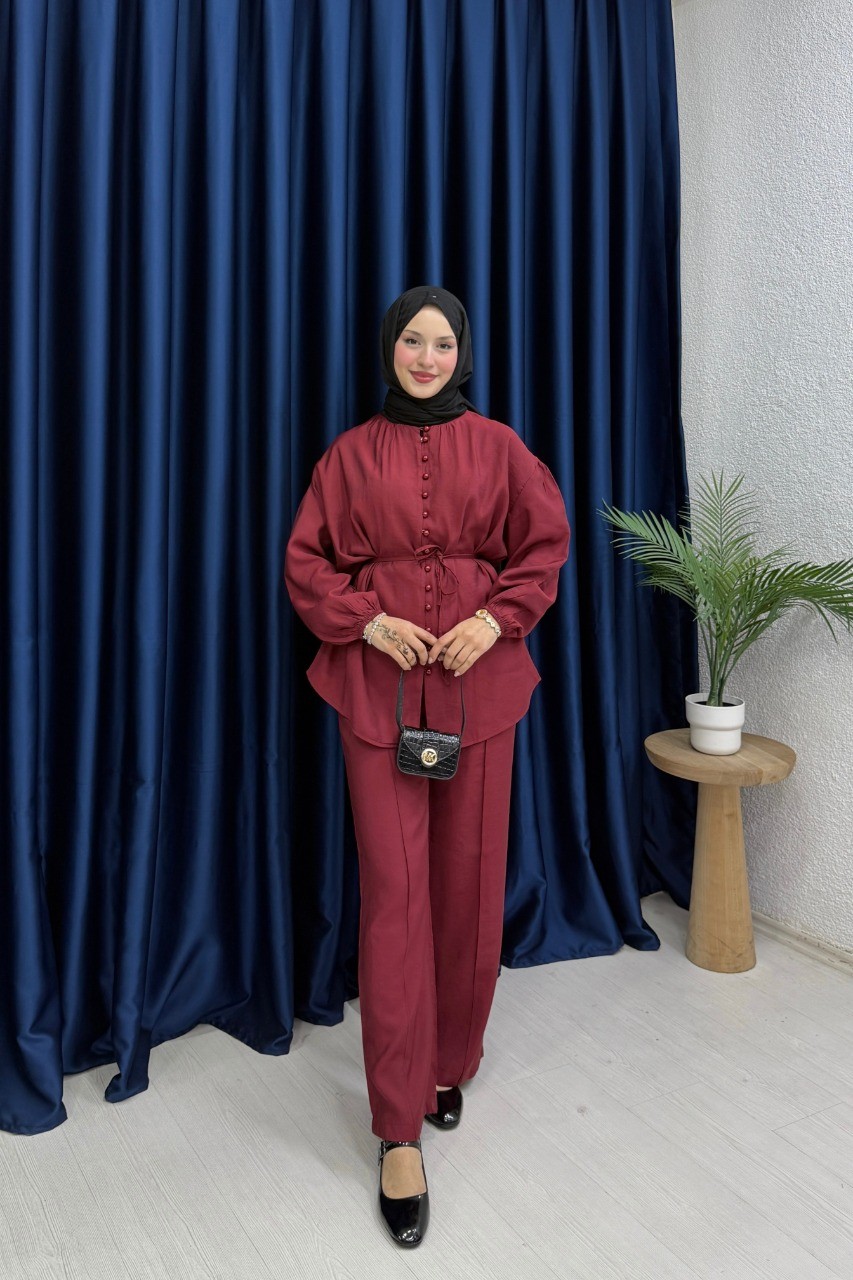 Premium Düğmeli Tensel Takım - Bordo