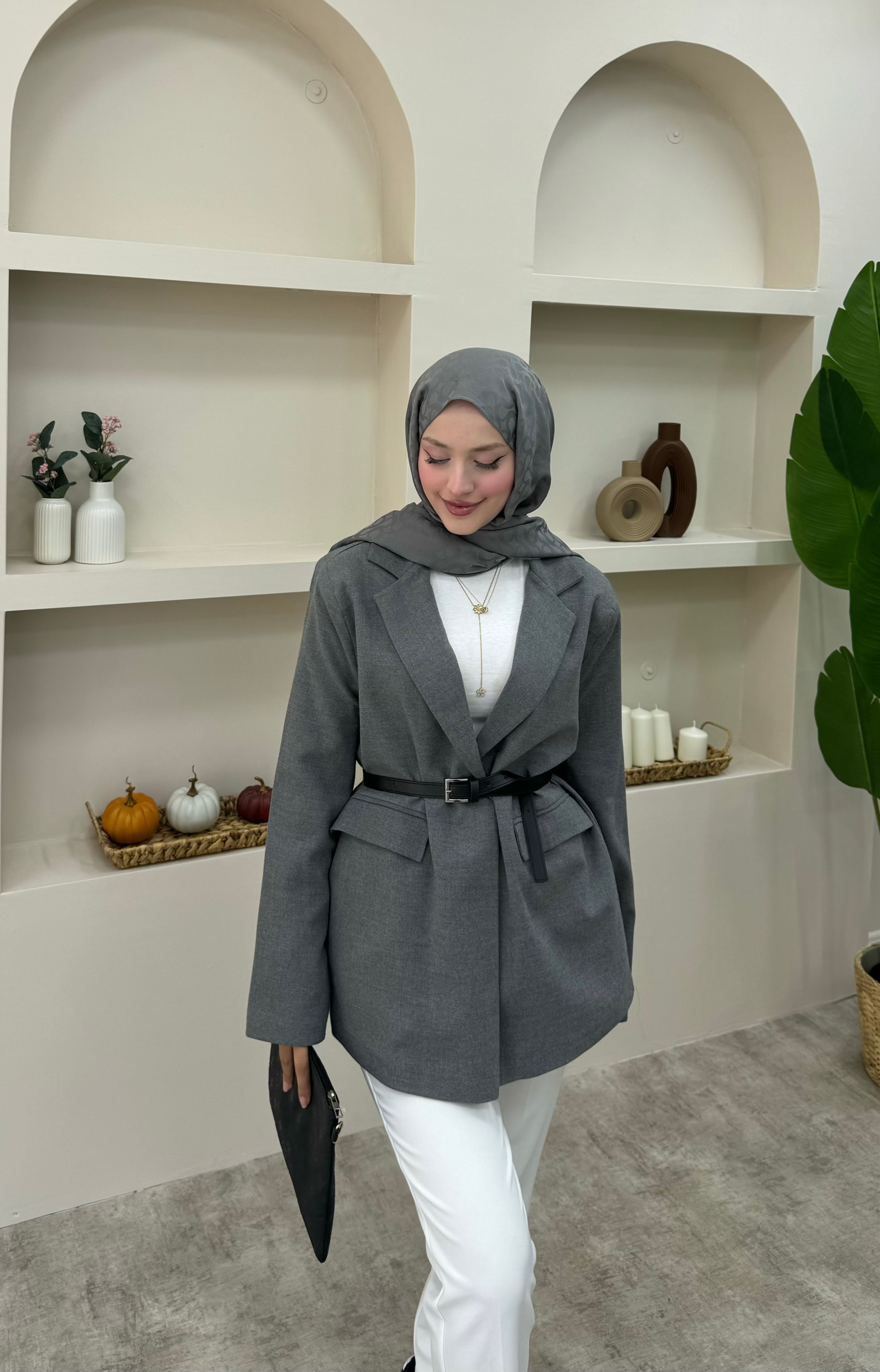 Keten Tek Düğmeli Blazer Ceket  - antrasit