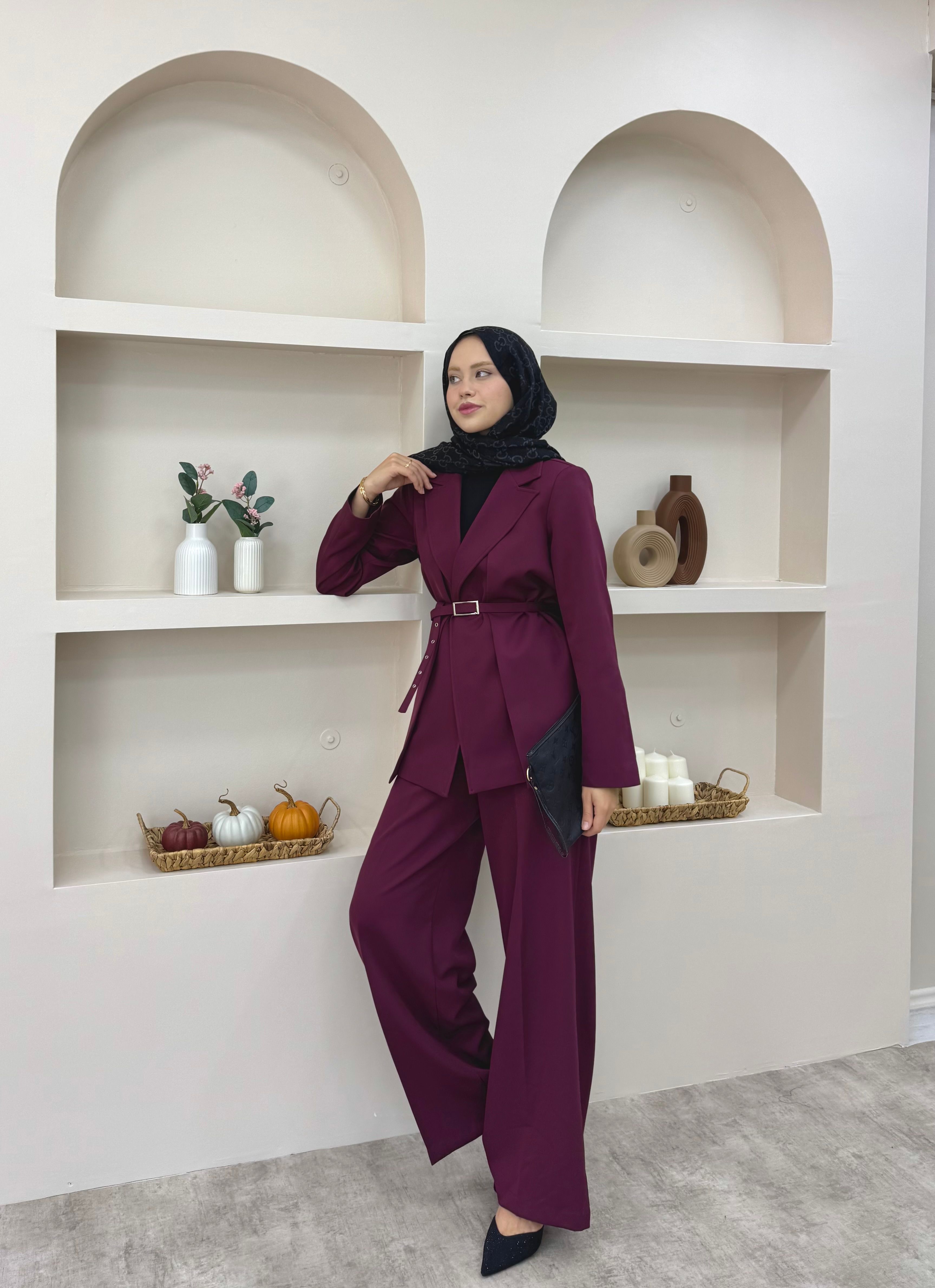 Çift Yaka Blazer Takım  - Bordo