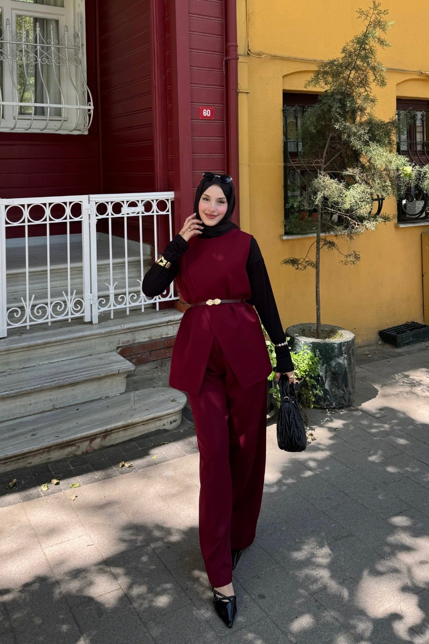 Yelekli Pantolon Takım - Bordo